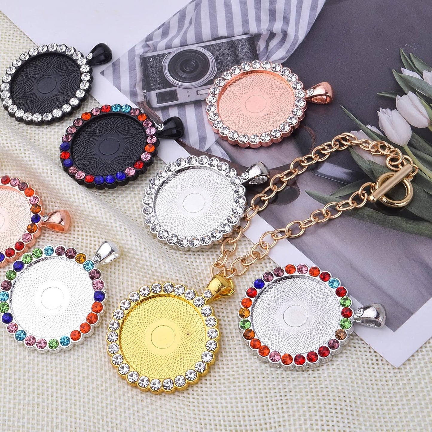 10pcs Rhinestone Bezel Pendant Trays Round Pendant Tray Blanks Cabochon Pendant Setting DIY Trays Blank Pendant Charms for Jewelry Craft Making