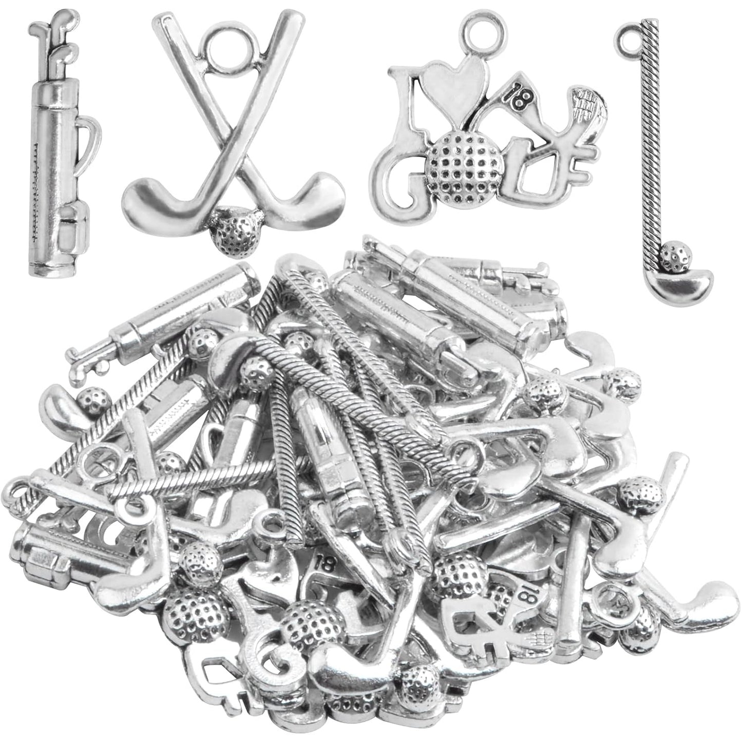 40pcs Antique Silver Assorted Golf Theme Charms Tibetan Alloy Sports Spirit Golfing Pendants Golf Club Charms Bulk for DIY Crafts Necklace Earrings Jewelry Making, 4 Styles