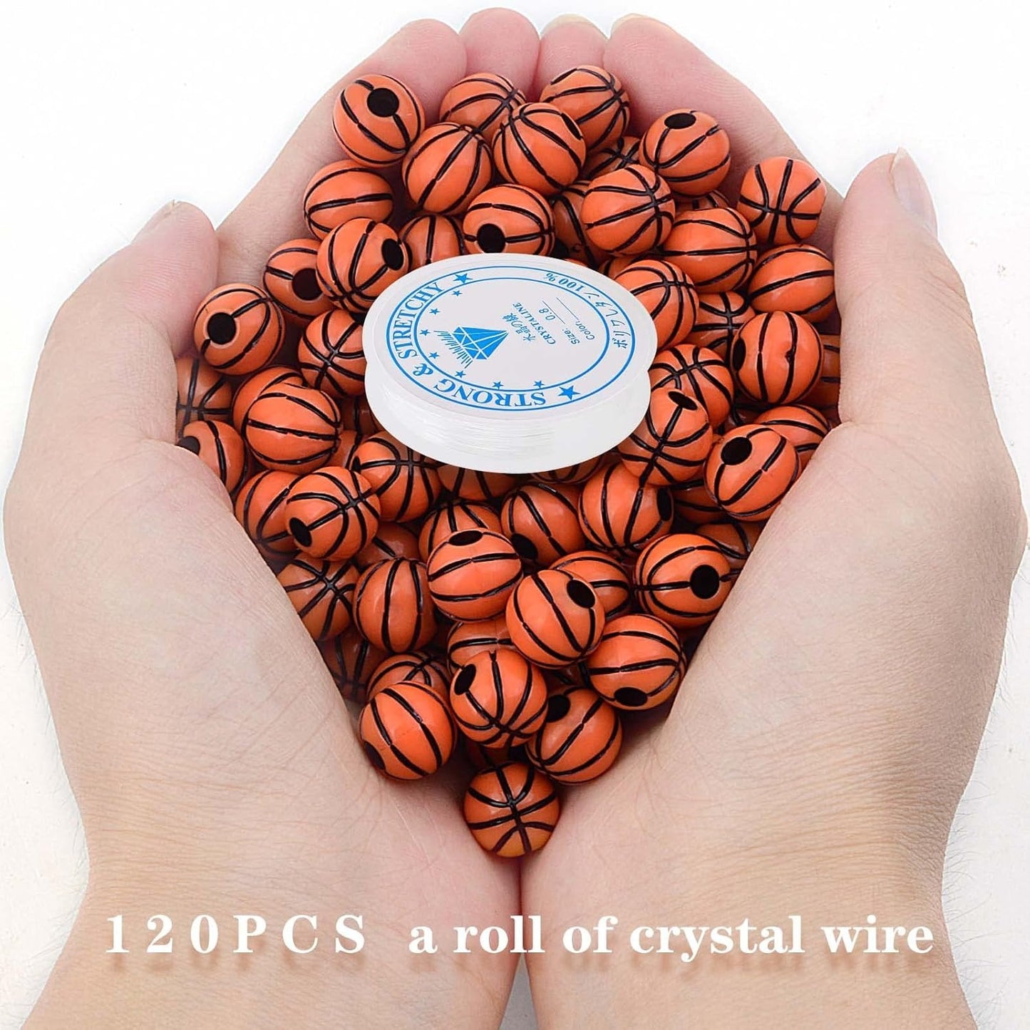 120pcs Basketball Spacer Beads Acrylic Sport Ball Loose Beads with A Roll of Crystal Wire Craft Accessories for DIY Friendship Bracelet Handmade Decoration Supplies