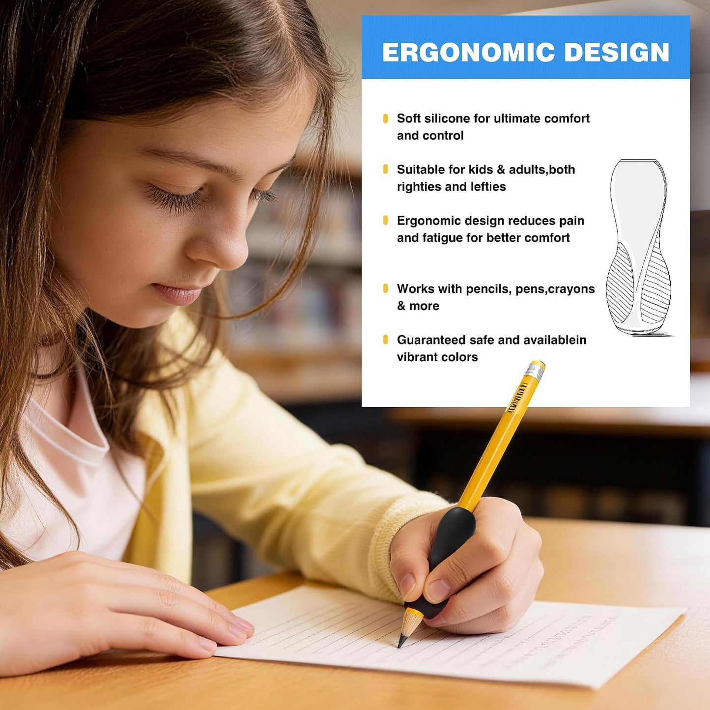 Aylifu 6 Pack Ergonomic Pencil Grips,Triangular Design with Finger Grooves for Children &Arthritis,Soft Non-Slip Silicone,Corrects Grip Position for Writing and Drawing,Left & Right Handed,Black