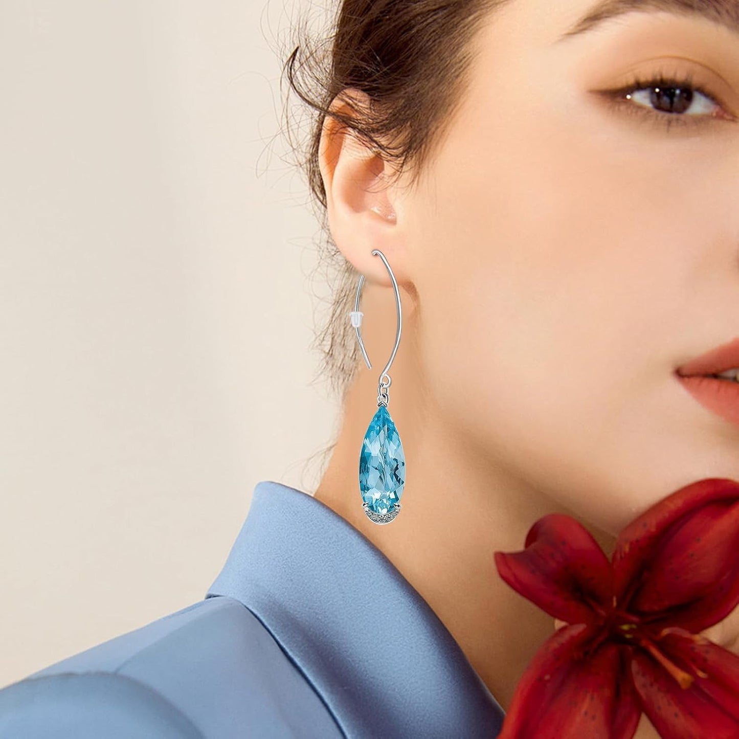 1 Pair of V-Shaped Earring Hooks S925 Sterling Silver Long Ear Wire Hook Dangle Connectors Replacements with Clear Ear Backs for DIY Earrings Crafts Jewelry Making Accessories