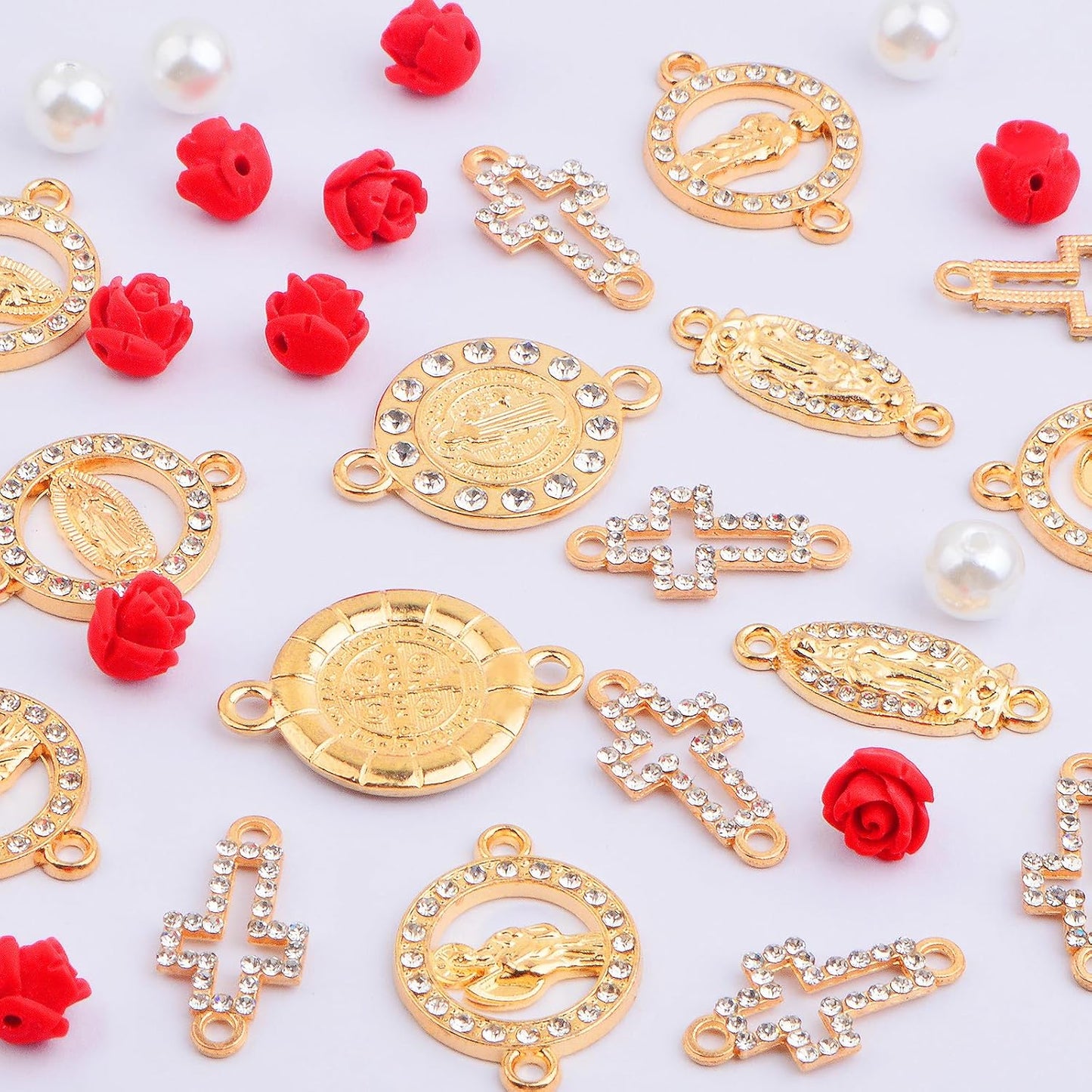 10pcs Golden Religious Cross Charms Connectors, 10pcs Virgin Mary Pendant Links, 20pcs Cinnabar Carved Red Rose Beads and 300pcs White Pearls for DIY Rosary Necklace Jewelry Making Supplies