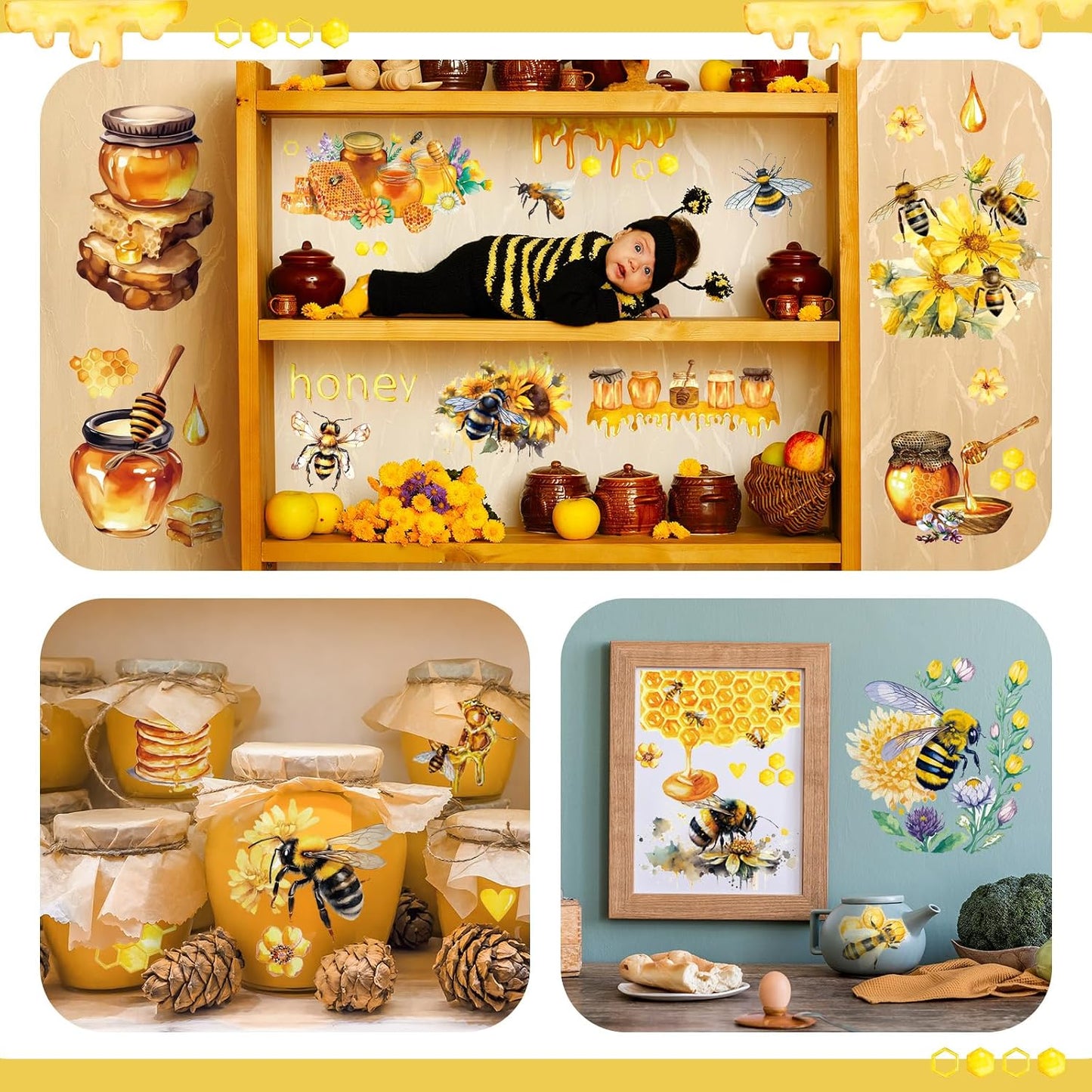 HENDEVL 12 Sheets Summer Sunflower & Bee Rub on Transfers for Crafts Flower Rub on Transfer Stickers Honeycomb Decals for Wood Furniture, DIY Paper & Home Decor, 5.5 x 5.7 Inch