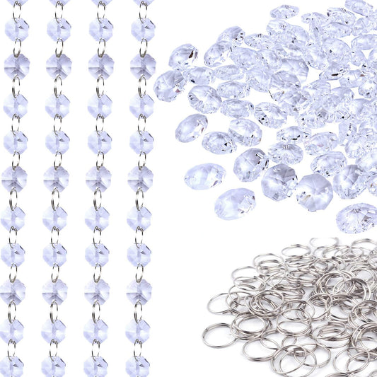 100Pcs 14mm Clear Crystal Octagon Beads with 100Pcs Stainless Curtain Rings Jump Rings Key Rings for Chandelier Prisms Curtain Parts Jewelry Making