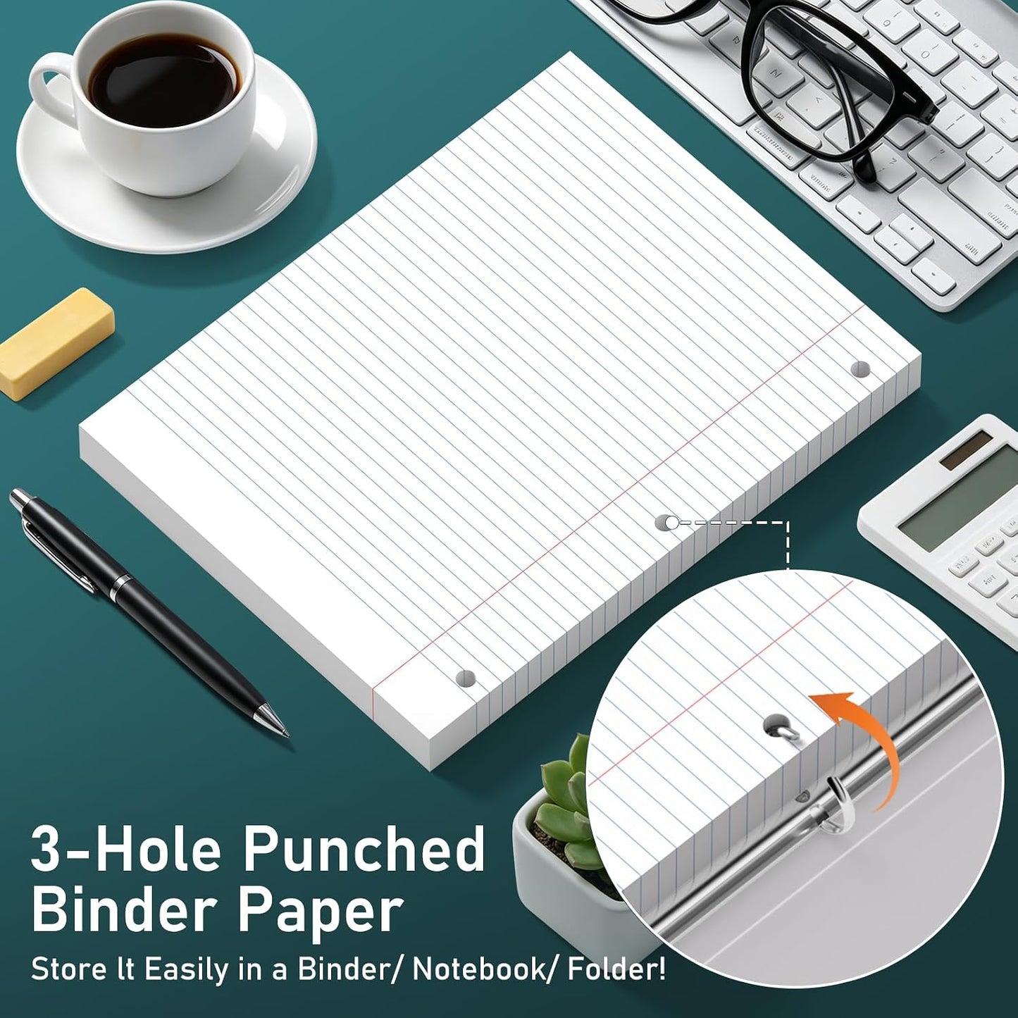 HENDEVL 6 Pack Loose Leaf Paper, 120 Sheets Notebook Lined Pads, 8 x 10.5 College Ruled Filler Paper, 3-Hole Punched, White Loose Leaf Notebook Paper for 3 Ring Binders, for Home & Office, School Supplies