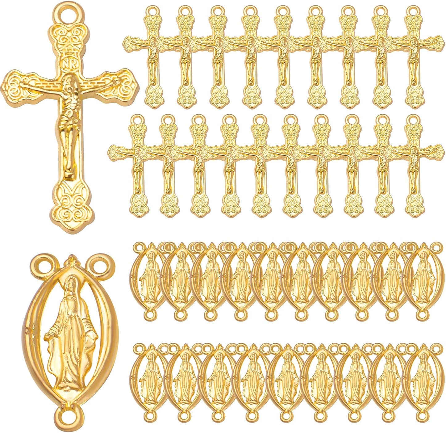 40pcs Gold Plated Rosary Cross and Center Charms Miraculous Medal Pendant Alloy Tibetan Style Jesus Crucifix Cross Pendants Oval Chandelier Links for Rosary Holy Beads Necklace Making