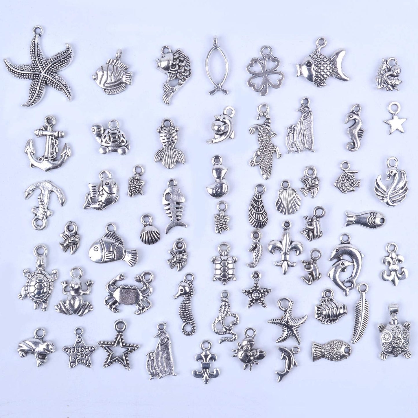 100pcs Mixed Antique Silver DIY Ocean Fish & Sea Creatures Charms Pendants for Making Bracelet and Necklace