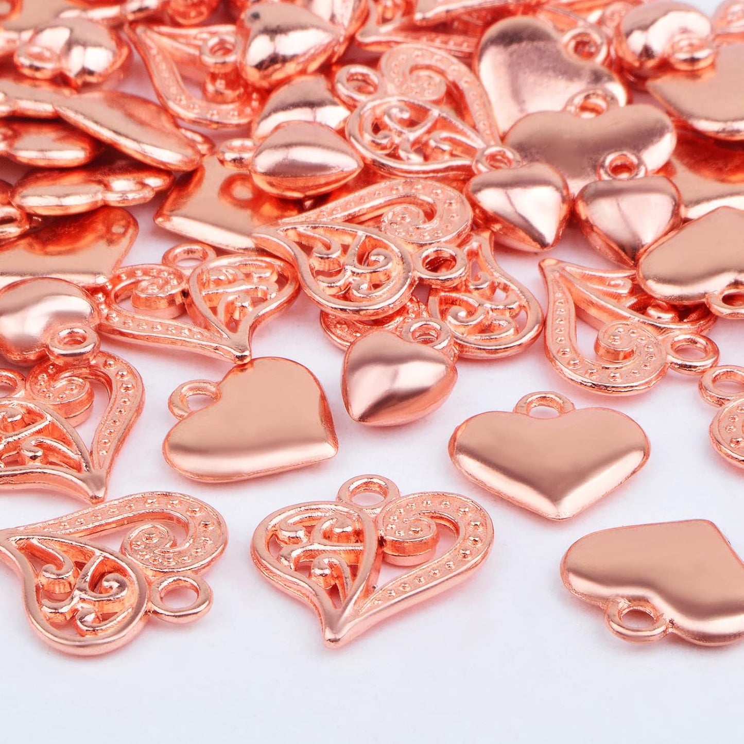 90pcs Rose Golden Heart Shaped Charms Alloy Hollow Polished Puff Love Heart Drop Pendants Craft Supplies for DIY Necklace Earrings Jewelry Making Decoration Gifts, 3 Styles