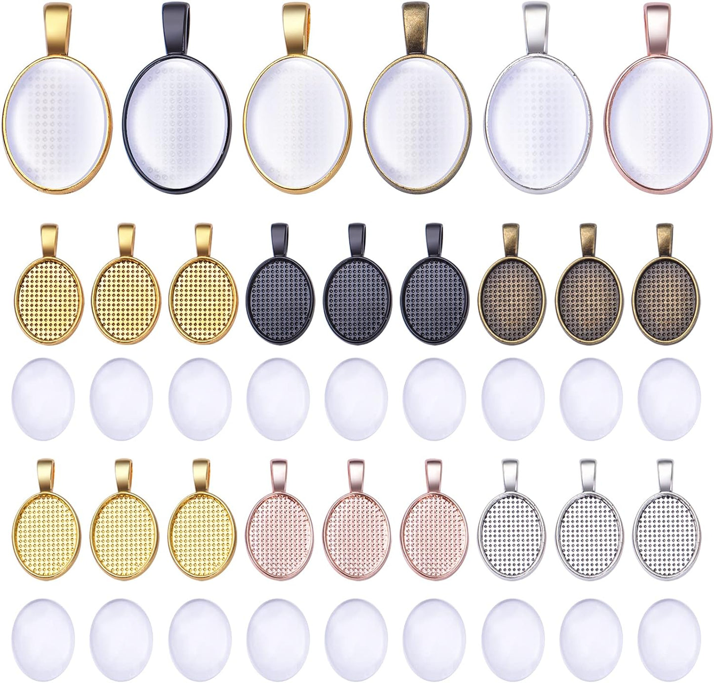 48pcs Bezel Pendant Blanks Set, 24pcs 6 Colors Oval Pendant Trays Bezel Blanks with 24pcs Glass Cabochons Clear Dome Tiles for DIY Bracelet Necklace Jewelry Crafts Making