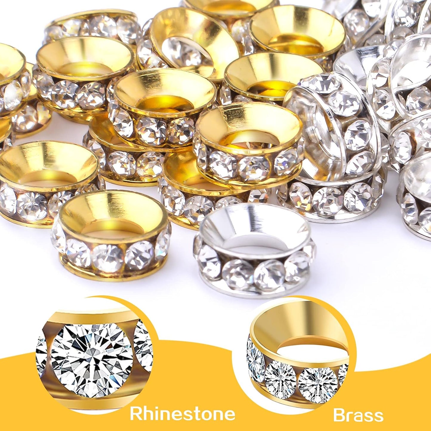40pcs Crystal Rhinestone Spacer Beads Rondelle Loose Bead Brass European Large Hole Charm Beads for Necklaces Bracelets Crafts Jewelry Making Accessories, Golden and Silver