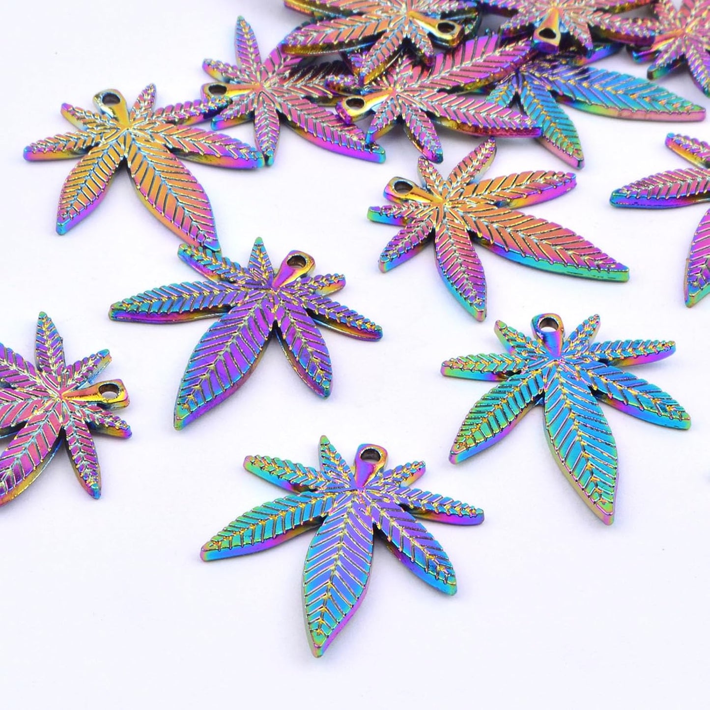 20pcs Alloy Maple Leaves Pendant Charms Marijuana Leaf Cannabis Tree Leaves Dangle Pendants for DIY Necklace Bracelet Earrings Jewelry Craft Making, Rainbow Color