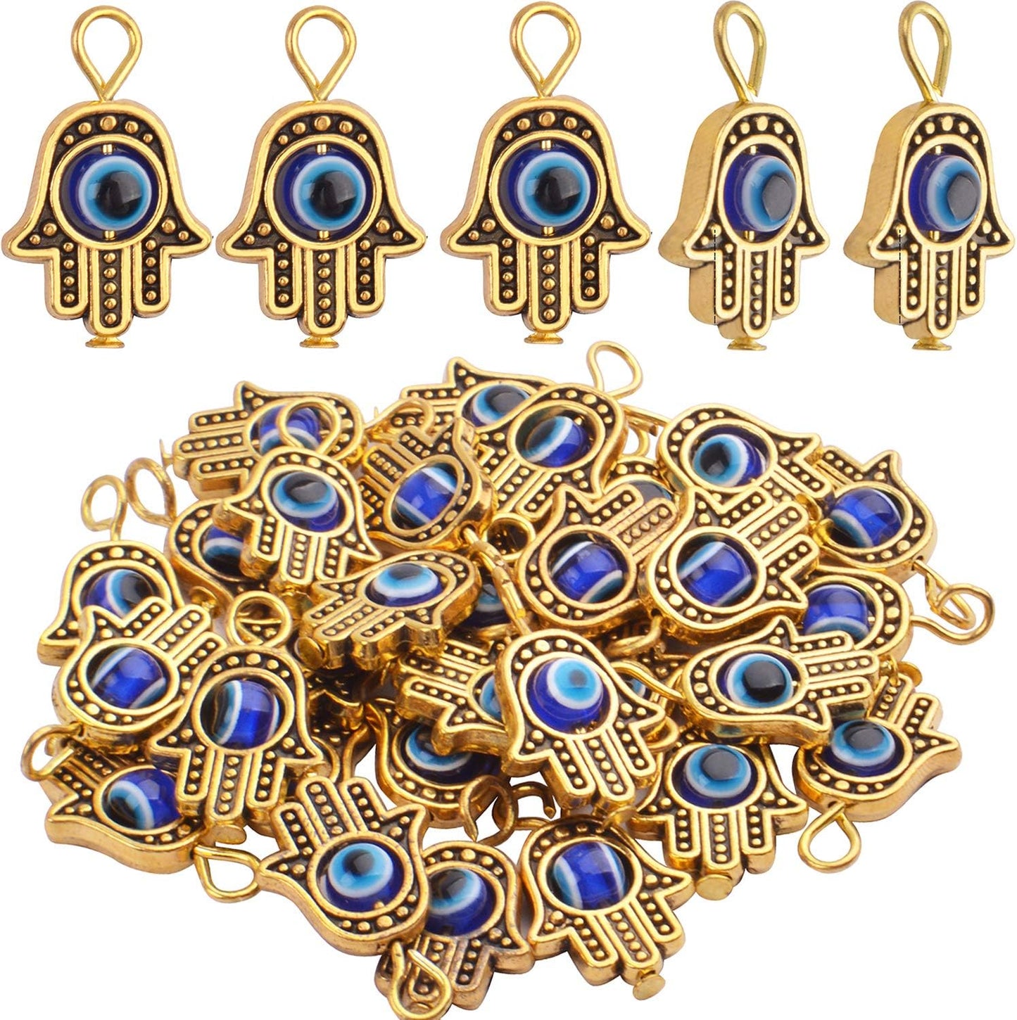 Hamsa Hand Beads Frame Charms,30 Pieces of Hamsa Evil Eye Pendant Hand of Fatima Symbol Charms Jewelry Making Findings for DIY Necklace Bracelet(Gold & Silver & Bronze)