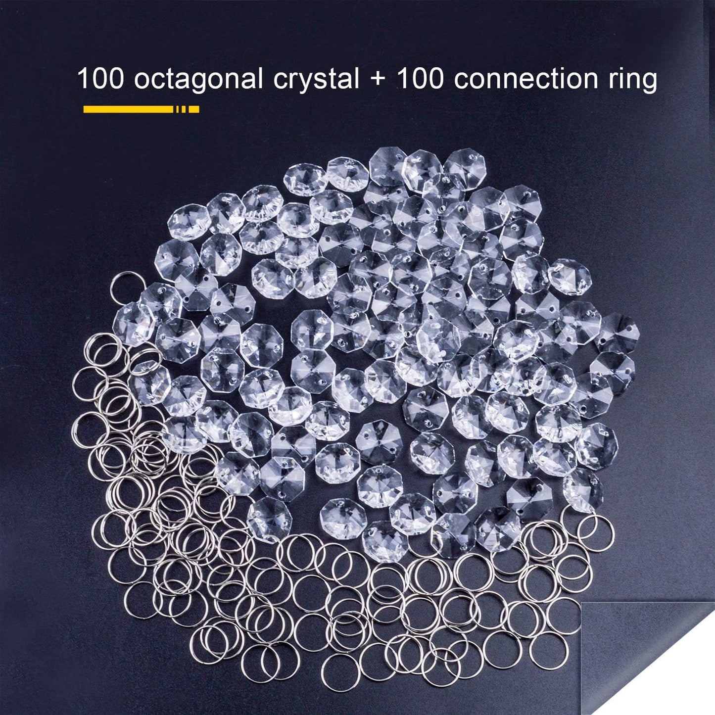 100Pcs 14mm Clear Crystal Octagon Beads with 100Pcs Stainless Curtain Rings Jump Rings Key Rings for Chandelier Prisms Curtain Parts Jewelry Making