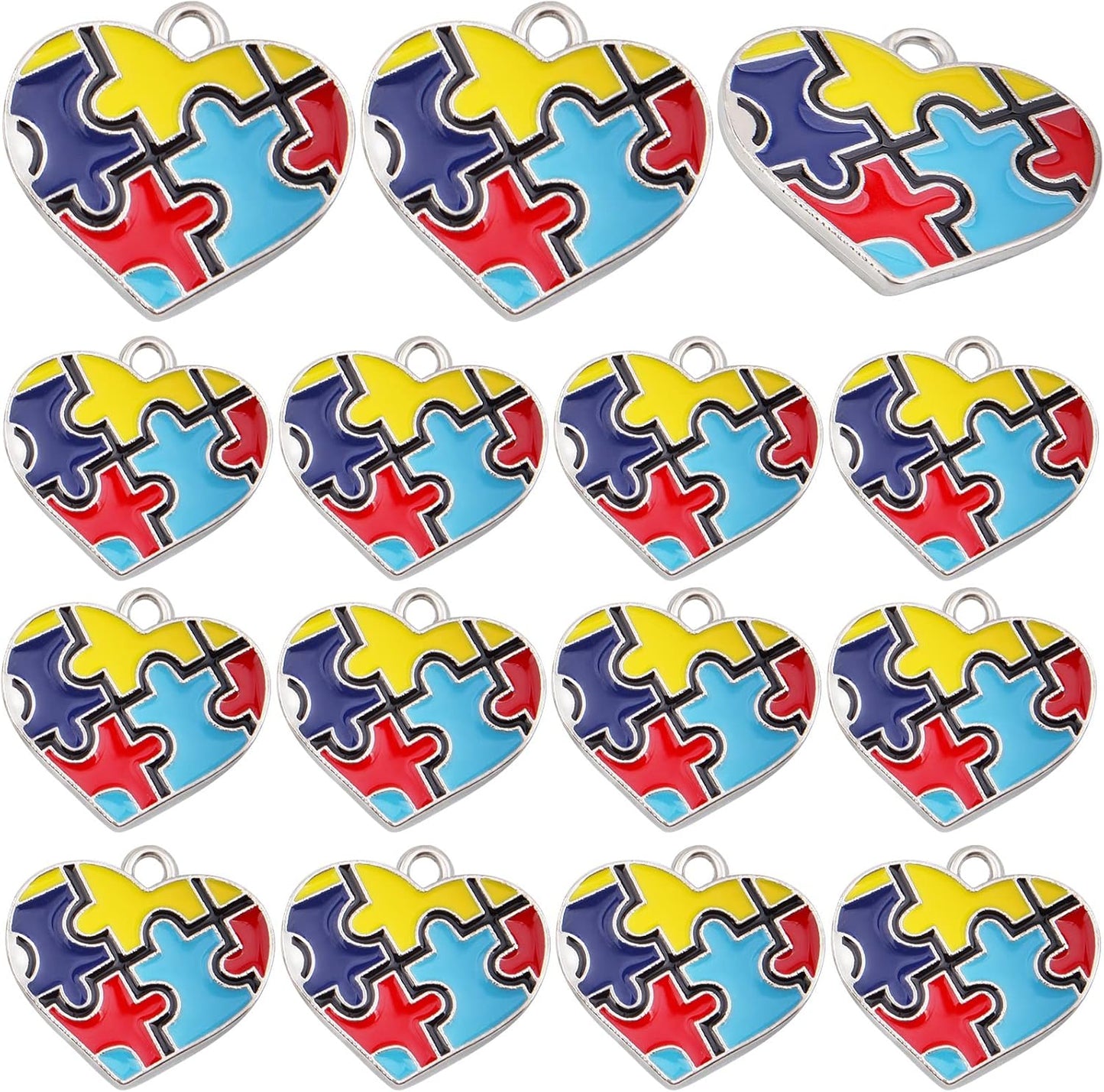 20pcs Autism Charms Pendants Ribbon Heart Round Square Cross with Puzzle Shape Charms Enamel Colorful Enamel Autistic Awareness Pendants for DIY Necklace Bracelet Earrings Jewelry Making Supplies