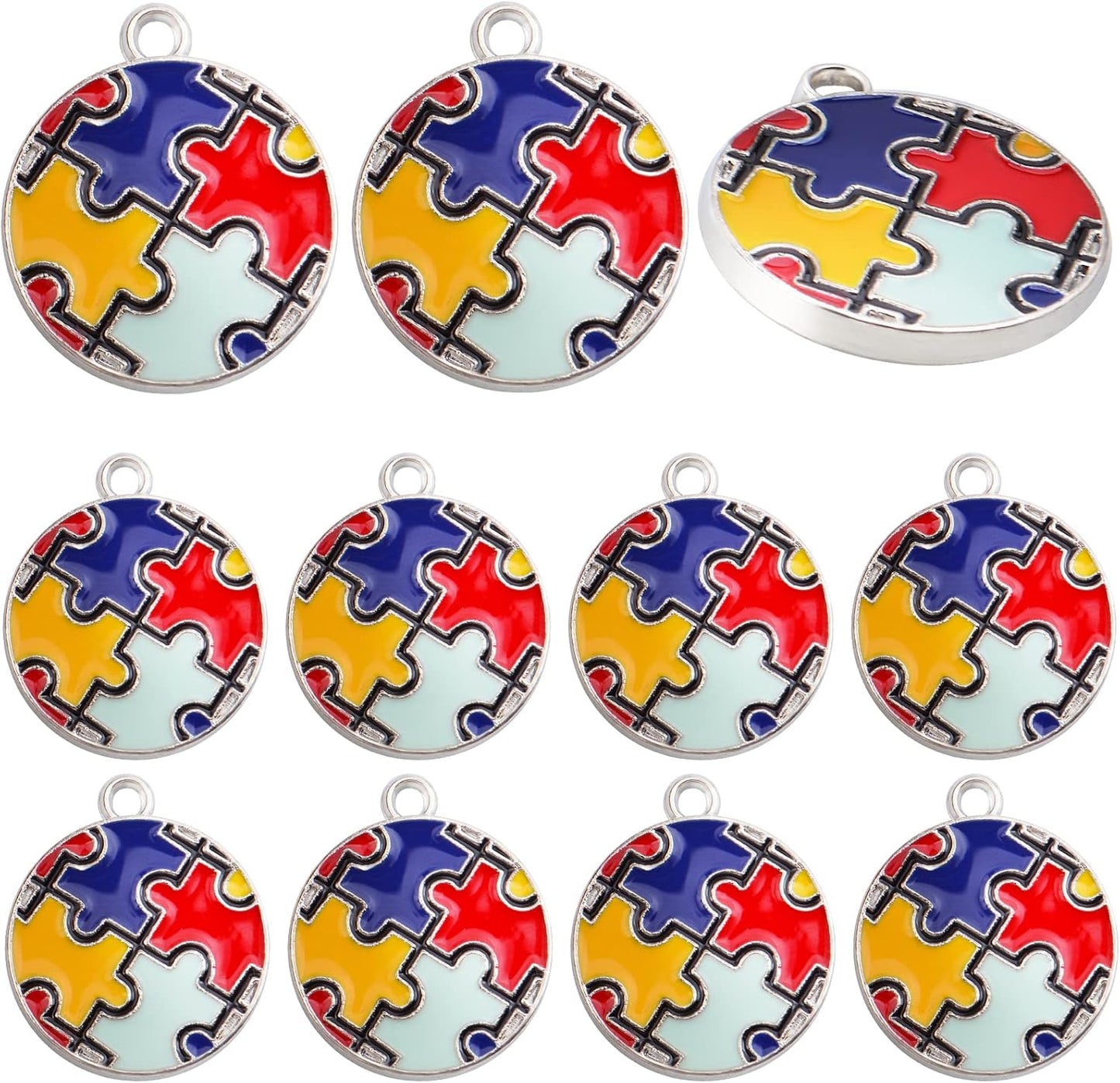 20pcs Autism Charms Pendants Ribbon Heart Round Square Cross with Puzzle Shape Charms Enamel Colorful Enamel Autistic Awareness Pendants for DIY Necklace Bracelet Earrings Jewelry Making Supplies