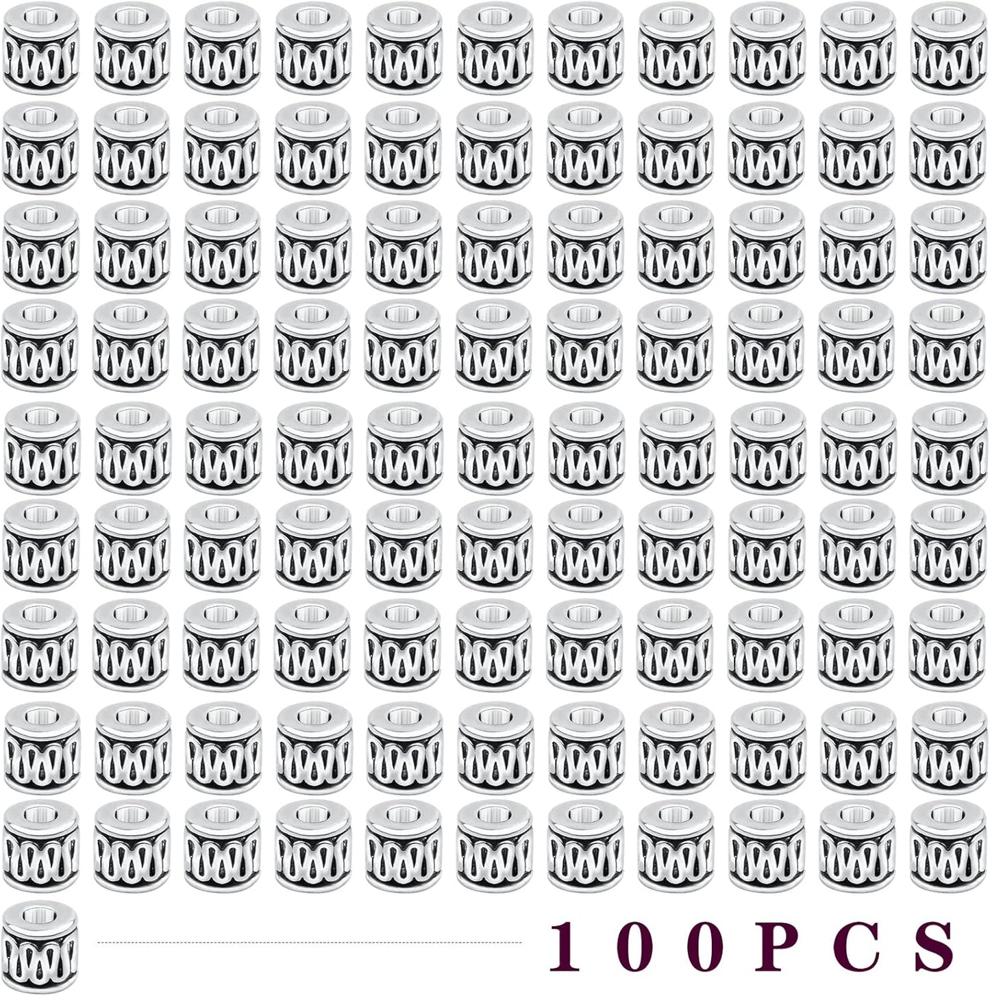 100 Pieces Tibetan Silver Tube Spacer Beads Antique Alloy Loose Charm Beads Handmade Accessories for DIY Jewelry Making Crafting Party Favor Gifts, Hole: 2.8 mm