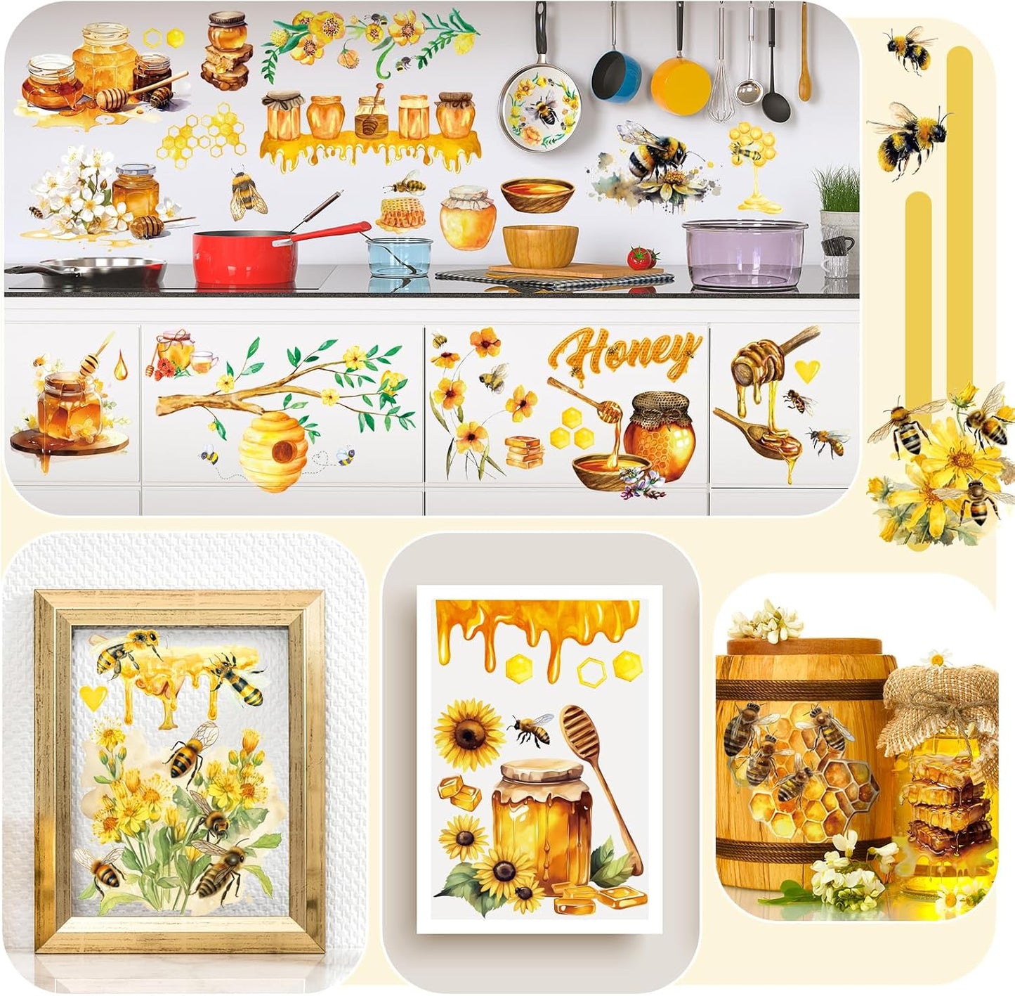 HENDEVL 12 Sheets Summer Sunflower & Bee Rub on Transfers for Crafts Flower Rub on Transfer Stickers Honeycomb Decals for Wood Furniture, DIY Paper & Home Decor, 5.5 x 5.7 Inch