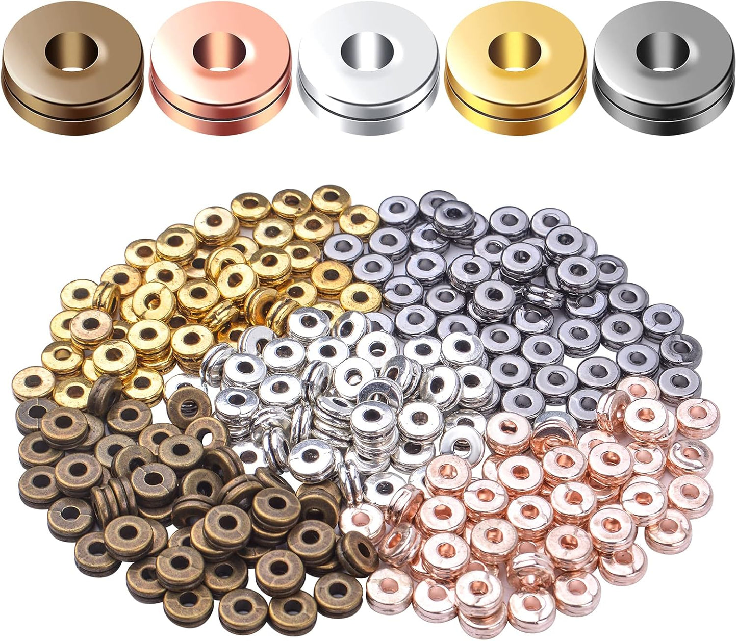 Metal Spacer Beads,200pcs Flat Round Disc Rondelle Spacer Beads Metal Rondelle Beads Spacers for Jewelry Making(6mm) - Silver and Golden