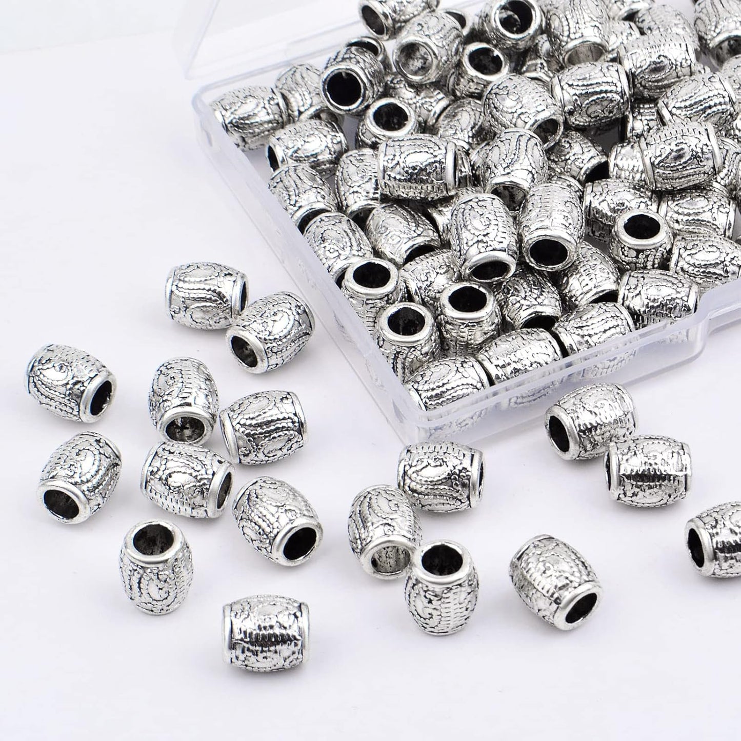 100pcs Antique Silver Oval Spacer Beads Alloy European Large Hole Loose Beads with A Plastic Box for DIY Bracelet Jewelry Making Handmade Decor, Hole: 4.3 mm