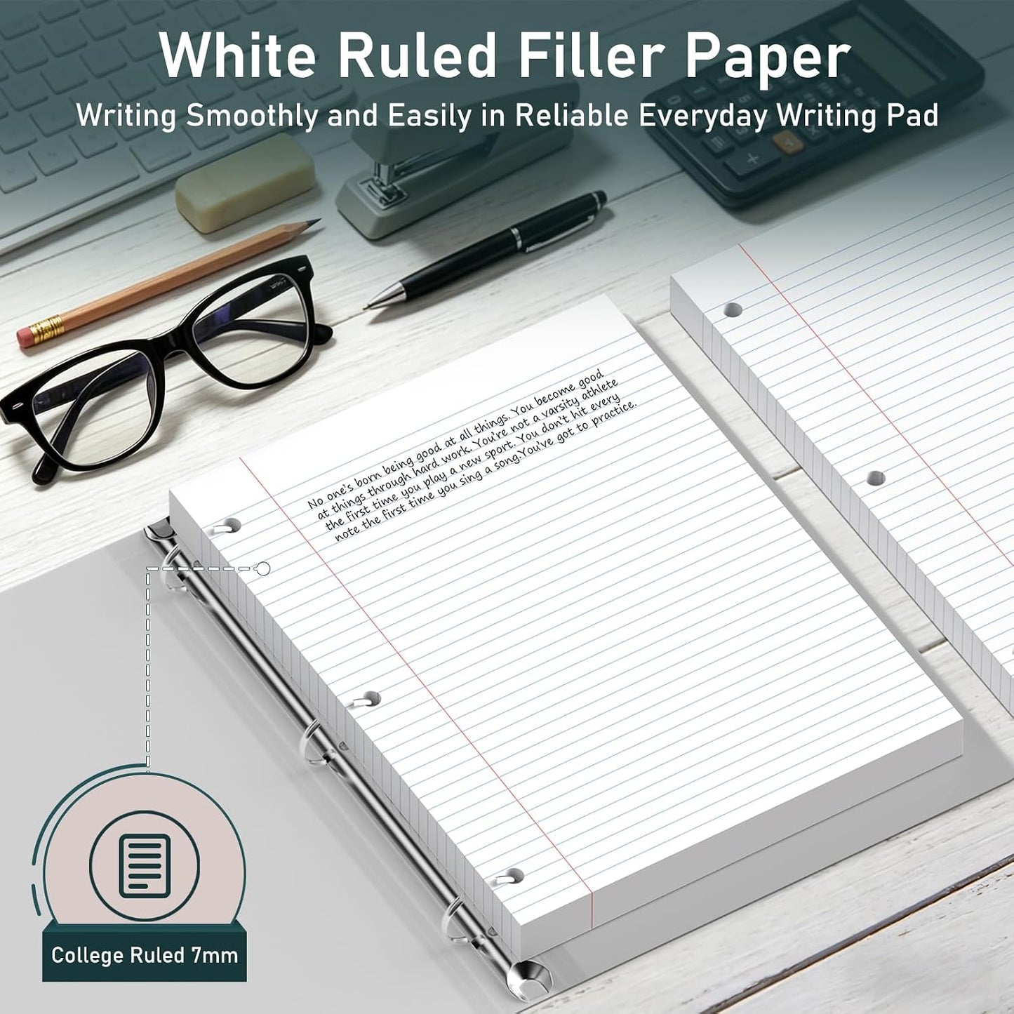 HENDEVL 6 Pack Loose Leaf Paper, 120 Sheets Notebook Lined Pads, 8 x 10.5 College Ruled Filler Paper, 3-Hole Punched, White Loose Leaf Notebook Paper for 3 Ring Binders, for Home & Office, School Supplies