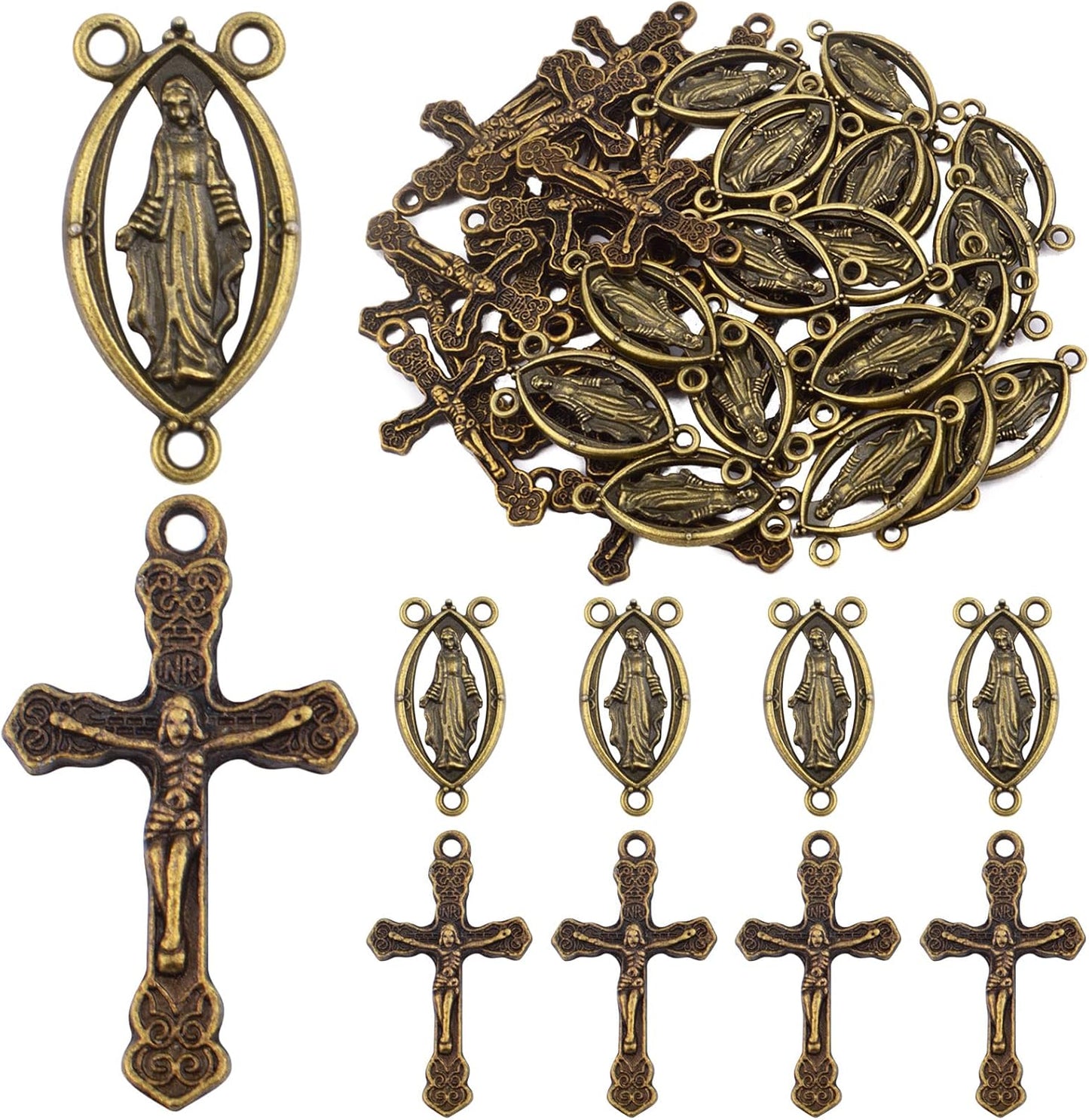40pcs Gold Plated Rosary Cross and Center Charms Miraculous Medal Pendant Alloy Tibetan Style Jesus Crucifix Cross Pendants Oval Chandelier Links for Rosary Holy Beads Necklace Making