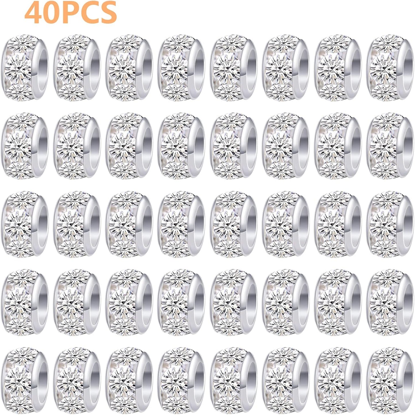 40pcs 10 mm Silver European Rhinestone Spacer Beads Brass Large Hole Beads Round Rondelle Loose Charm Beads for Snake Chain Bracelet Necklace Jewelry Making Supplies, Hole: 5.5 mm