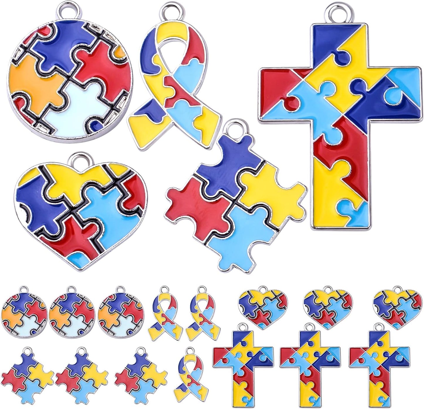 20pcs Autism Charms Pendants Ribbon Heart Round Square Cross with Puzzle Shape Charms Enamel Colorful Enamel Autistic Awareness Pendants for DIY Necklace Bracelet Earrings Jewelry Making Supplies