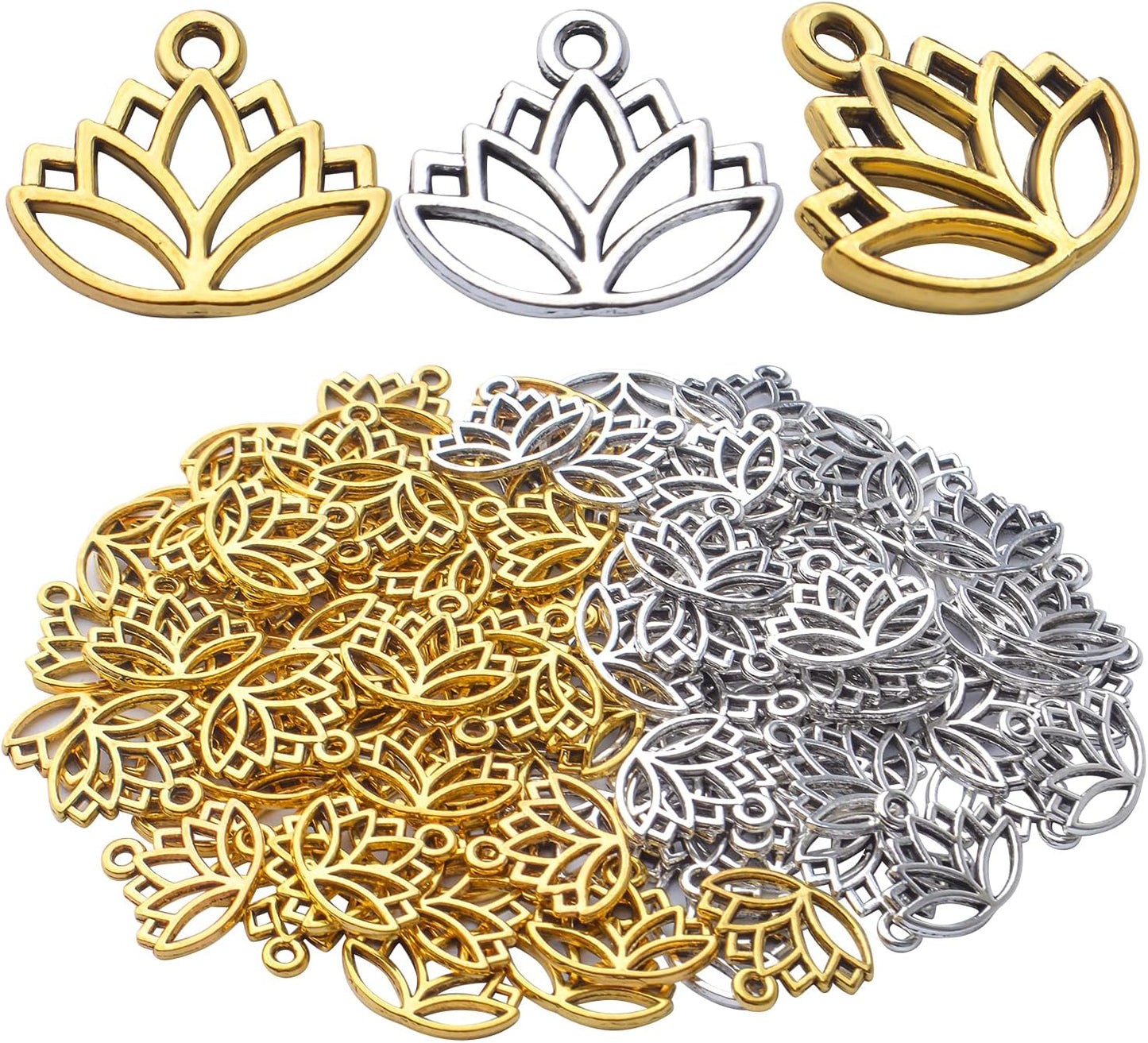 100pcs Lotus Charm Pendants Alloy Yoga Lotus Flower Charms Beads Charms Pendants Craft Supplies for DIY Necklace Bracelet Jewelry Making Crafting Accessory