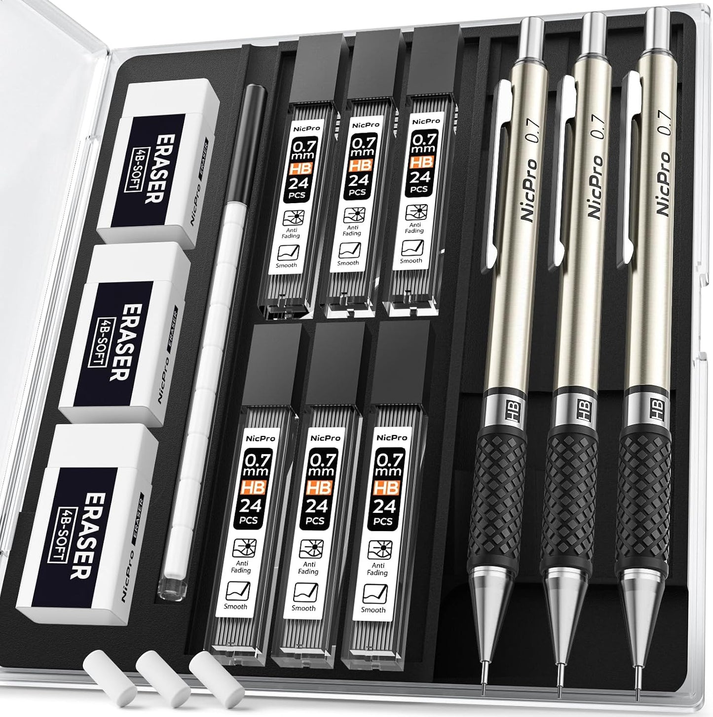 Aylifu  0.7 mm Art Mechanical Pencil Set in Storage Case, 3 PCS Metal Drafting Pencil Lead Pencil with 6 Tube HB Lead Refills, 3 Erasers, 9 PCS Eraser Refills for Artist Writing, Drawing, Sketching