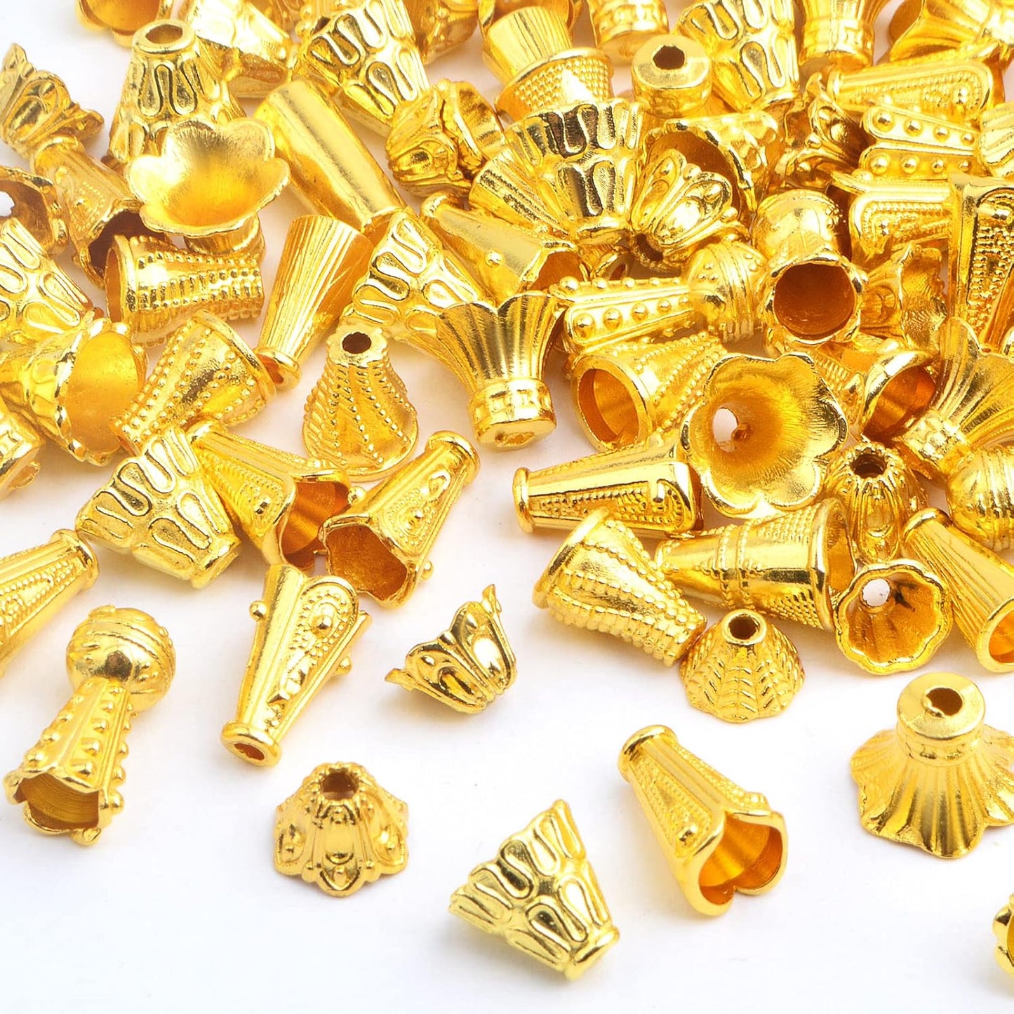 100 Gram (About 110-150pcs) Mixed Flower Spacer Bead Caps Alloy Cone Bead Caps Jewelry Findings Accessories for DIY Bracelet Necklace Tassel Crafts Decor, Bright Golden