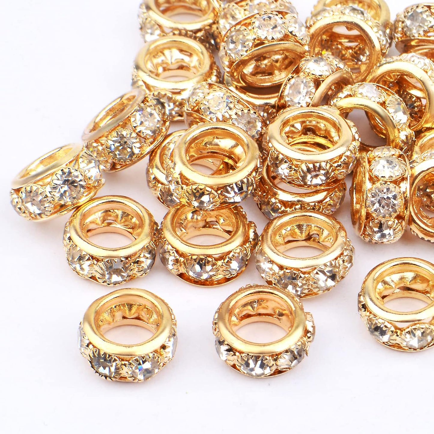 40pcs 12mm Rhinestone European Spacer Beads Diamond Crystal Charm Beads Rondelle Loose Beads with 8mm Large Hole for DIY Bracelet Crafts Jewelry Making, KC Golden