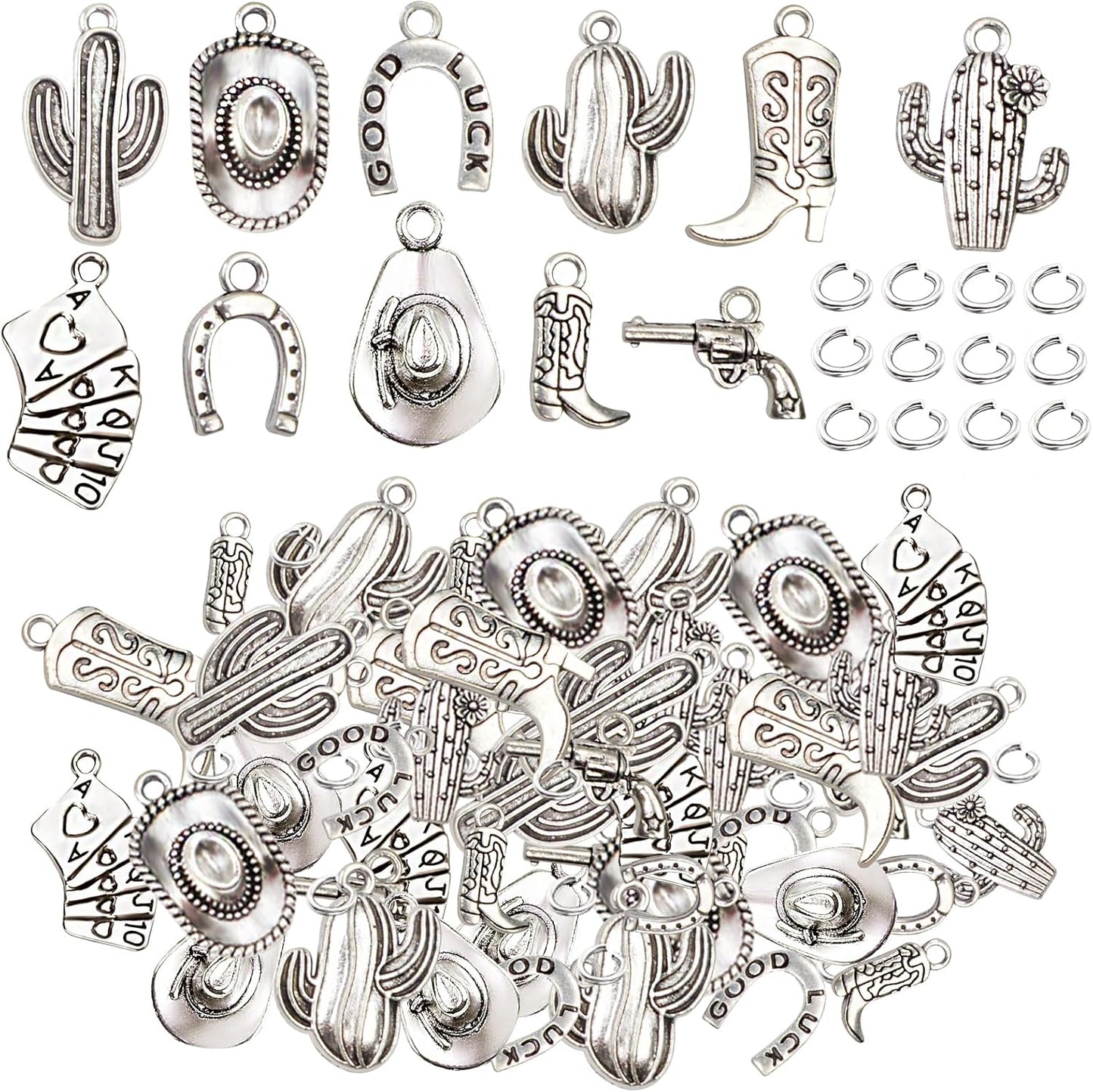 100 Grams Alloy Western Cowbo Cowgi Charms Antique Silver Mixed Cowb Boot Hat Horseshoe Dangle Pendants with 80pcs Split Rings for DIY Necklace Bracelet Earrings Jewelry Making