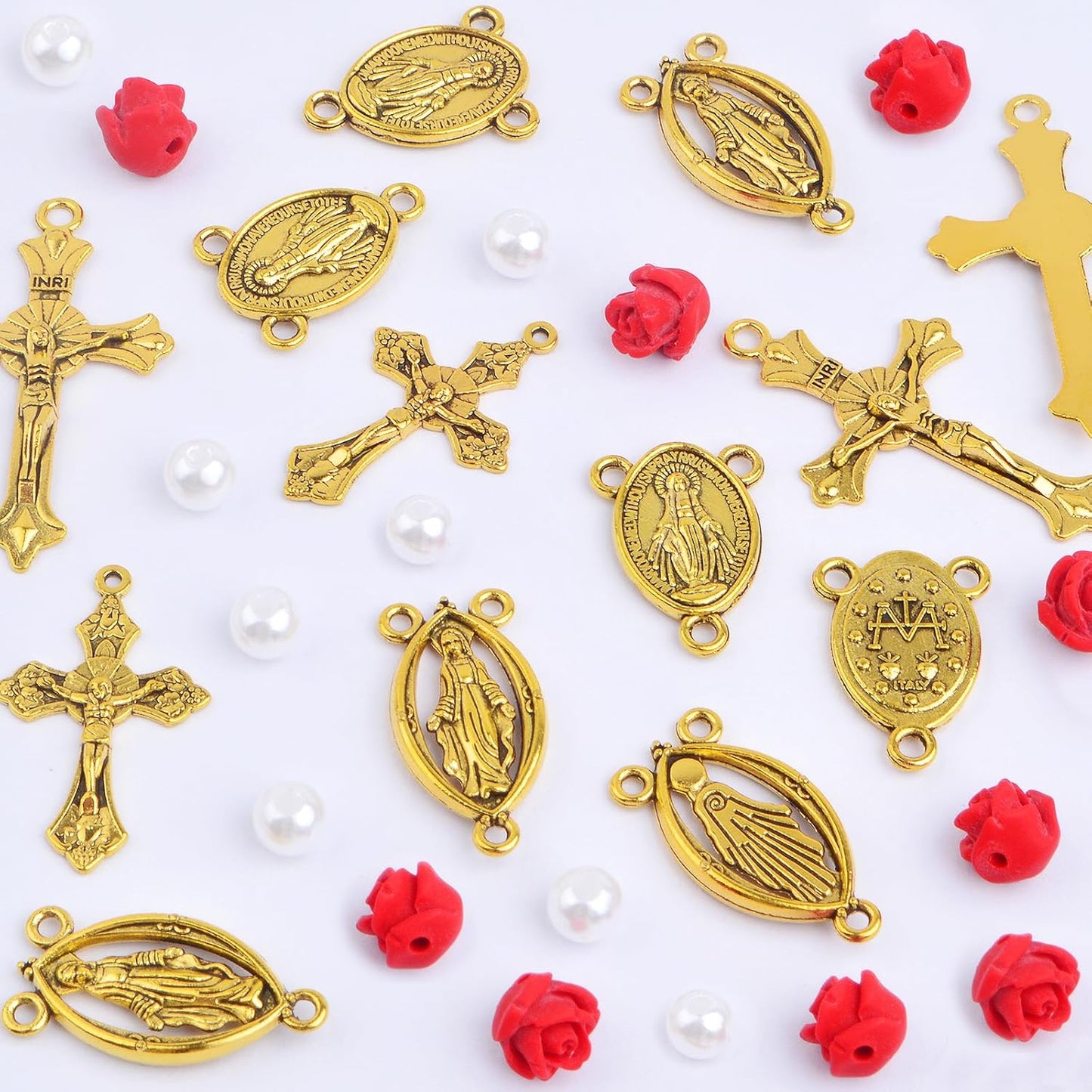 10pcs Antique Golden Jesus Cross Charms, 10pcs Virgin Mary Pendant Links, 30pcs Cinnabar Red Rose Beads and 500pcs White Pearls Kit for DIY Rosary Necklace Crafts Jewelry Making