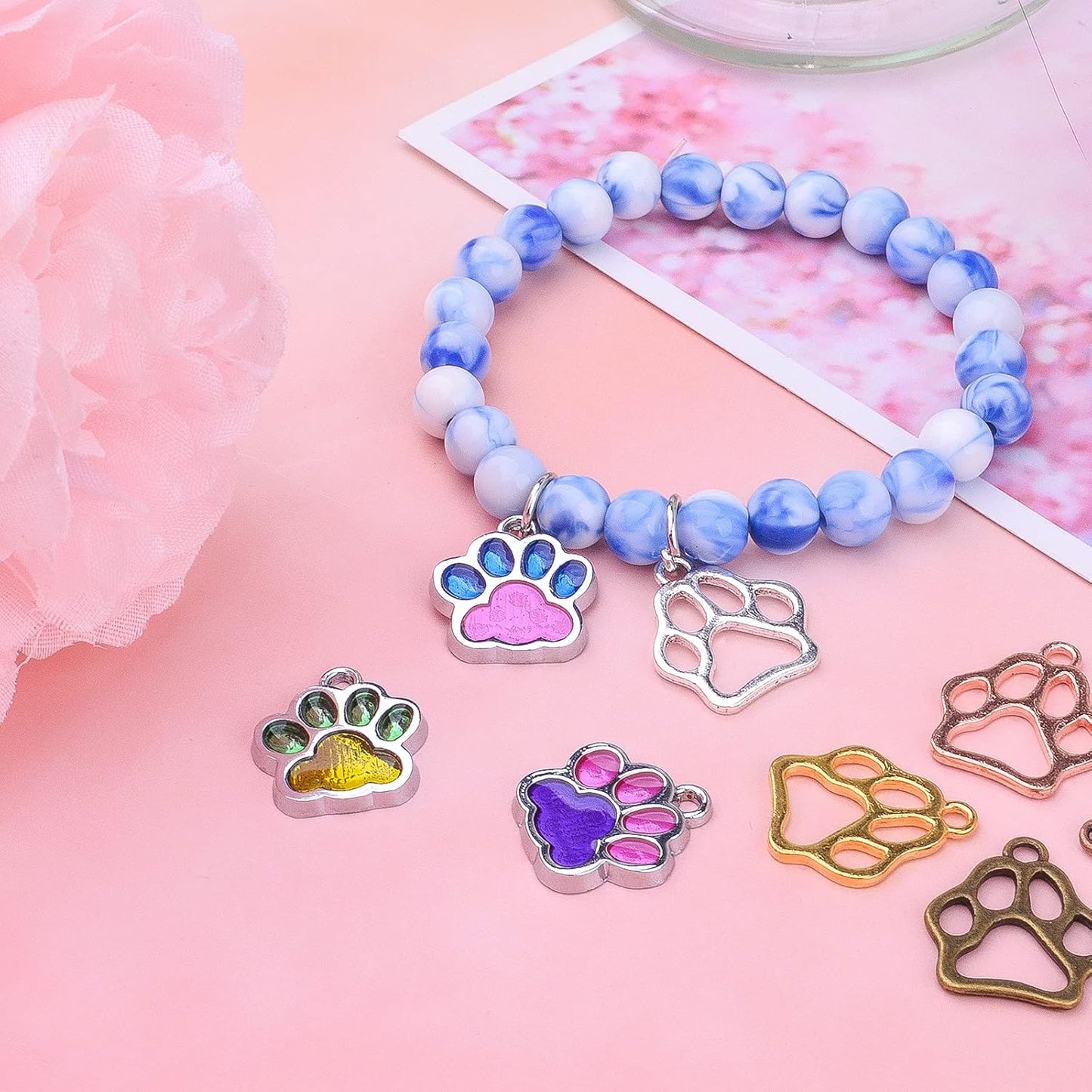 66pcs Animal Cat Dog Paw Charms Enamel Paw Footprint Pendants Cute Hollow Paw Bead Charms Jewelry Making Supplies for DIY Necklace Bracelet Earrings Handmade Decoration