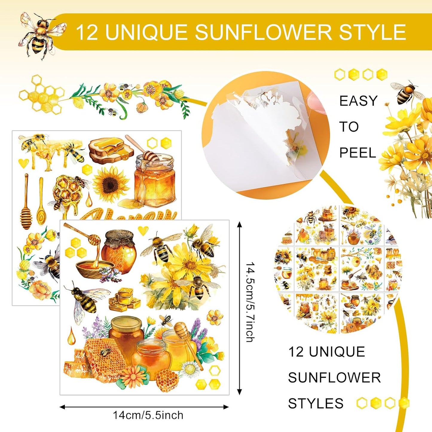 HENDEVL 12 Sheets Summer Sunflower & Bee Rub on Transfers for Crafts Flower Rub on Transfer Stickers Honeycomb Decals for Wood Furniture, DIY Paper & Home Decor, 5.5 x 5.7 Inch