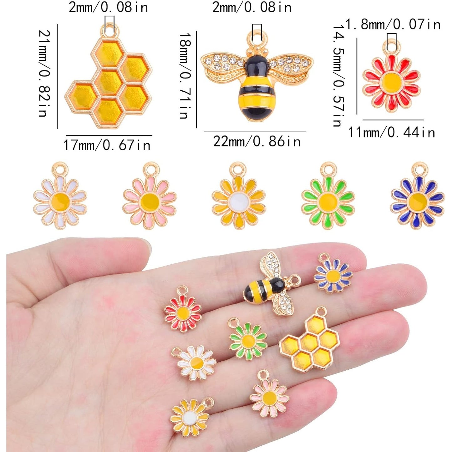 32pcs Enamel Sunflower Bee Charms Colorful Daisy Flower Pendants Alloy Rhinestone Honeybee Honeycomb Dangle Charms for DIY Necklace Bracelet Jewelry Making Findings, 3 Styles
