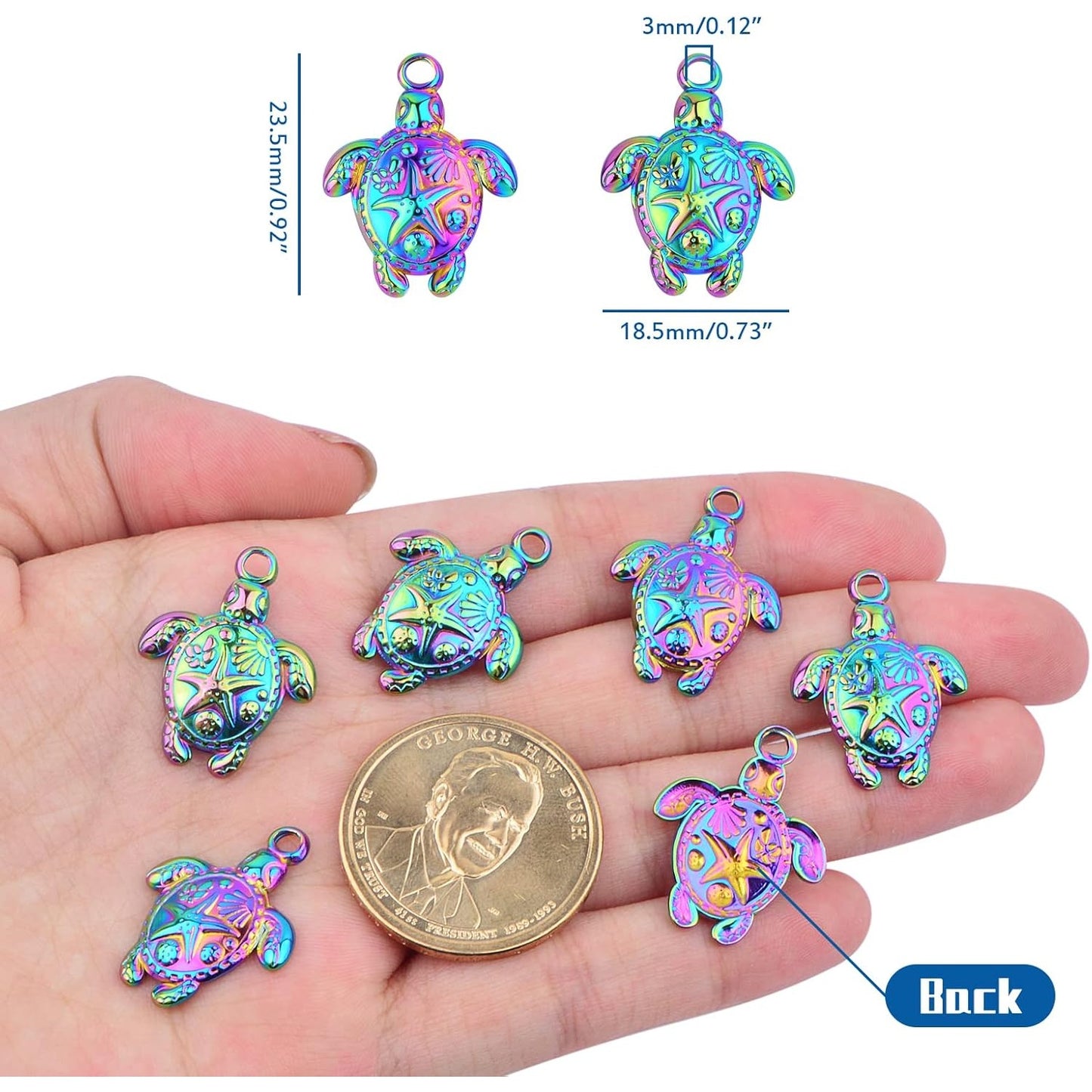 10pcs Stainless Steel Sea Turtle Charms Hypoallergenic Ocean Animal Turtle Tortoise Shape Dangle Pendants for DIY Necklace Bracelet Crafts Jewelry Making, Rainbow Color