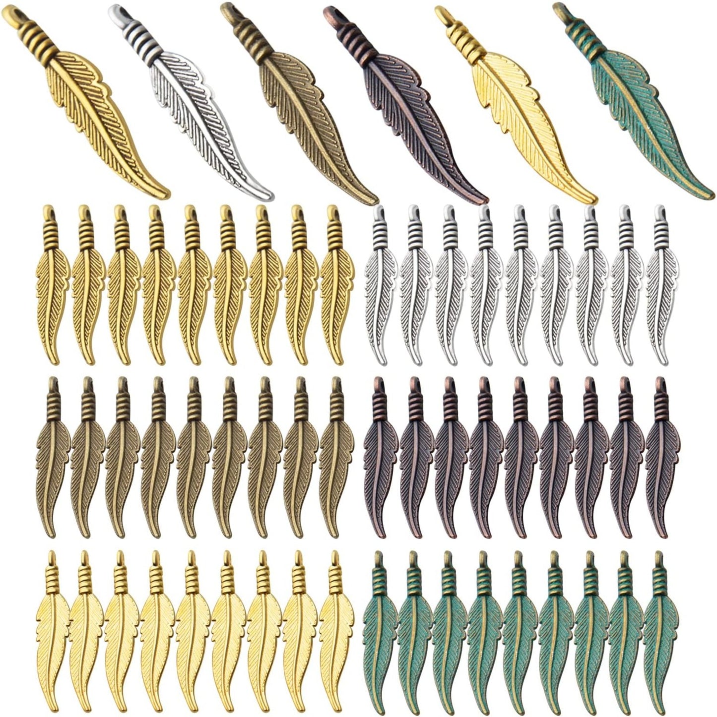 60pcs Craft Supplies Feather Charms Pendants Tibetan Alloy Leaf Charms for DIY Earring Necklace Jewelry Making Accessory,6 Colors