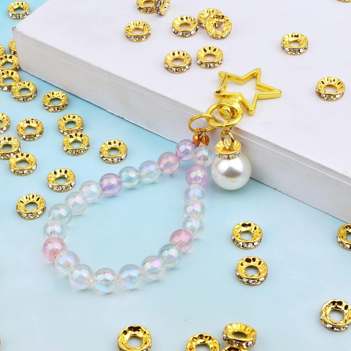 100pcs 10 mm Golden Plated Rhinestone Spacer Beads Large Hole European Rondelle Beads Round Shiny Crystal Loose Beads for DIY Bracelet Necklace Jewelry Making