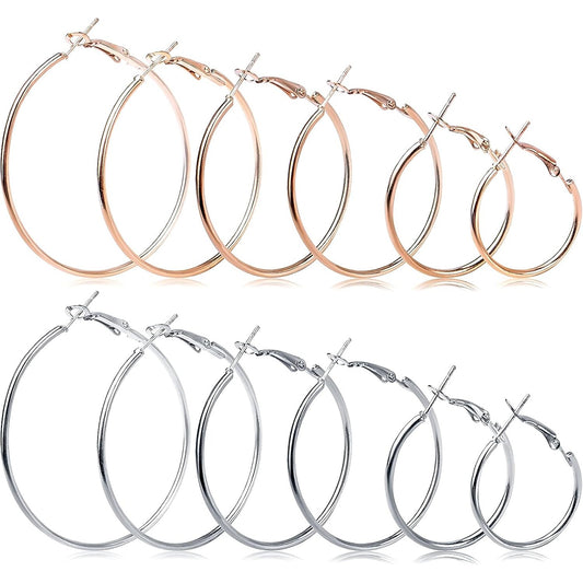12 Pairs 6 Sizes Beading Earring Hoop Round Earrings Hypoallergenic Hoop Earrings Open Beading Hoop Earring Findings for DIY Crafts Gift Wedding Party Festival Favor(Gold, Silver)