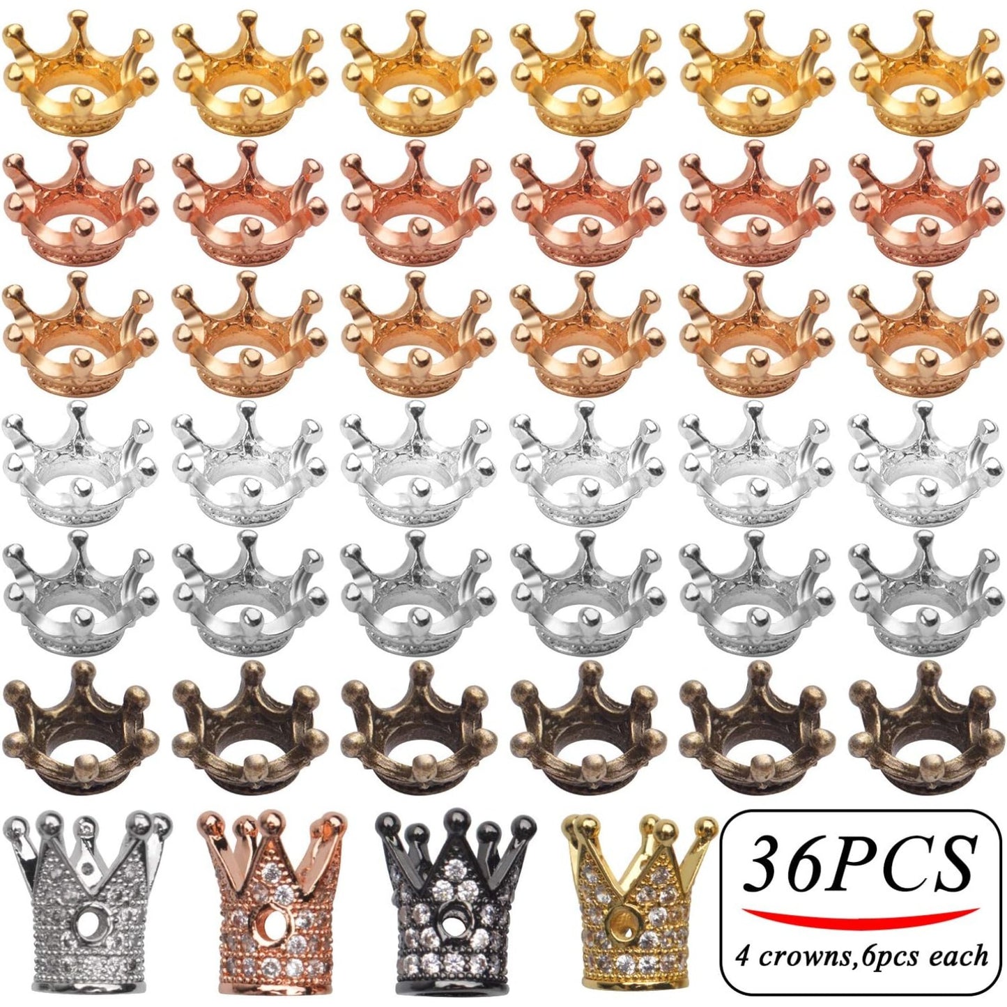 40pcs Crown Charm Spacer Beads, Mixed Rhinestone Alloy, Large Hole, 2 Styles