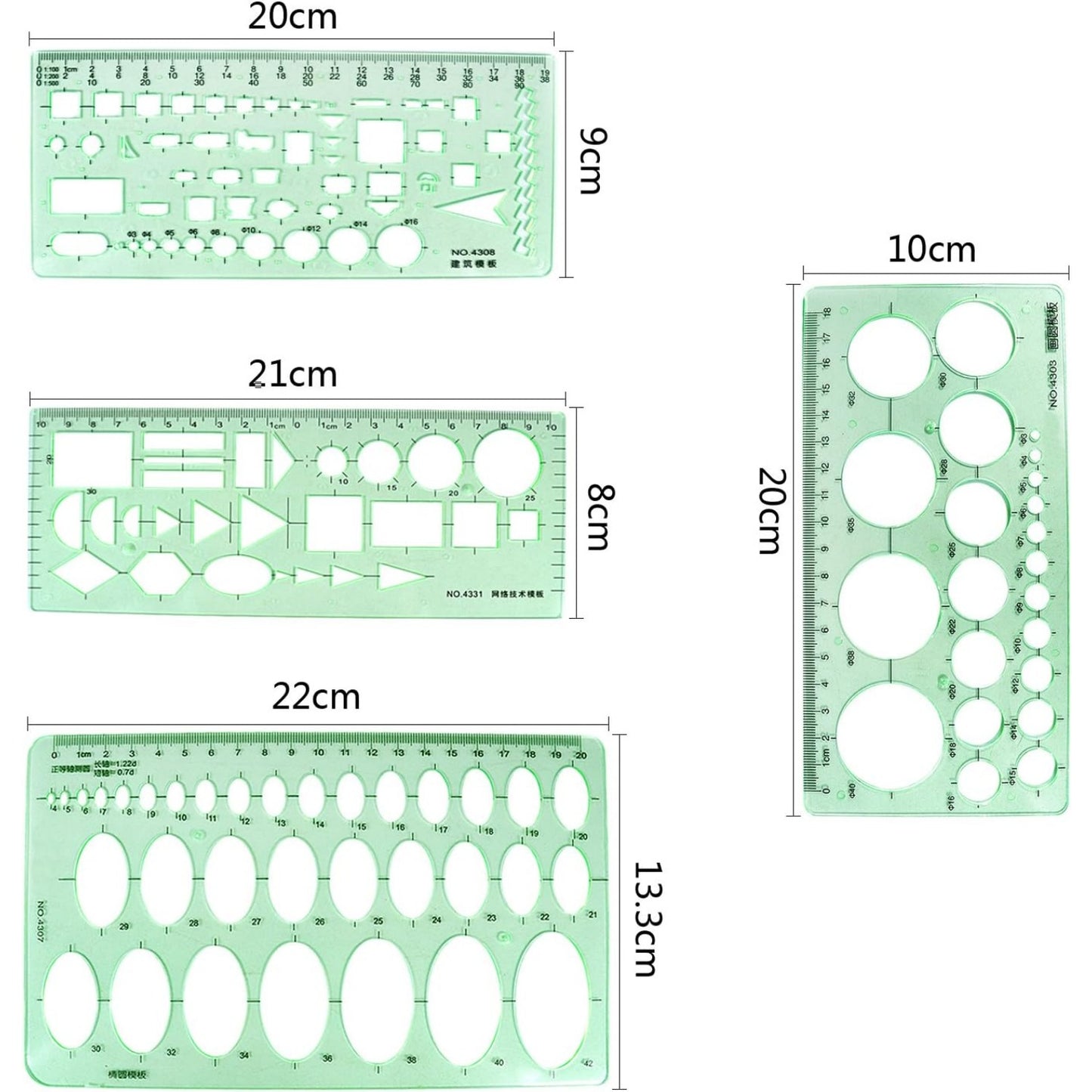 4pcs Plastic Measuring Templates Drafting Drawing Stencils Geometric Rulers for Office and School, Building Formwork(Clear Green)