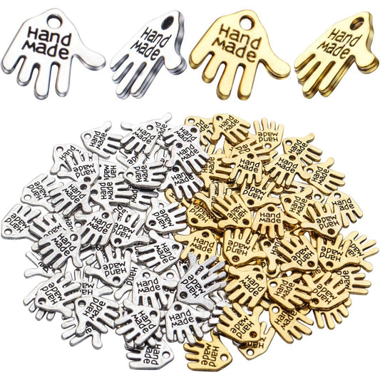 Hand Shaped Charms, 100pcs Tibetan Hand Shaped Charms Hand Made Tag Signs Pendants Carved Tone for Fashionable Jewelry Making Charms Crafting Sewing, Antique Golden, Antique Silver
