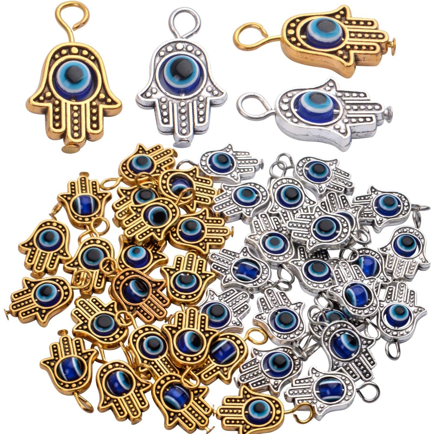 Hamsa Hand Beads Frame Charms,30 Pieces of Hamsa Evil Eye Pendant Hand of Fatima Symbol Charms Jewelry Making Findings for DIY Necklace Bracelet(Gold & Silver & Bronze)