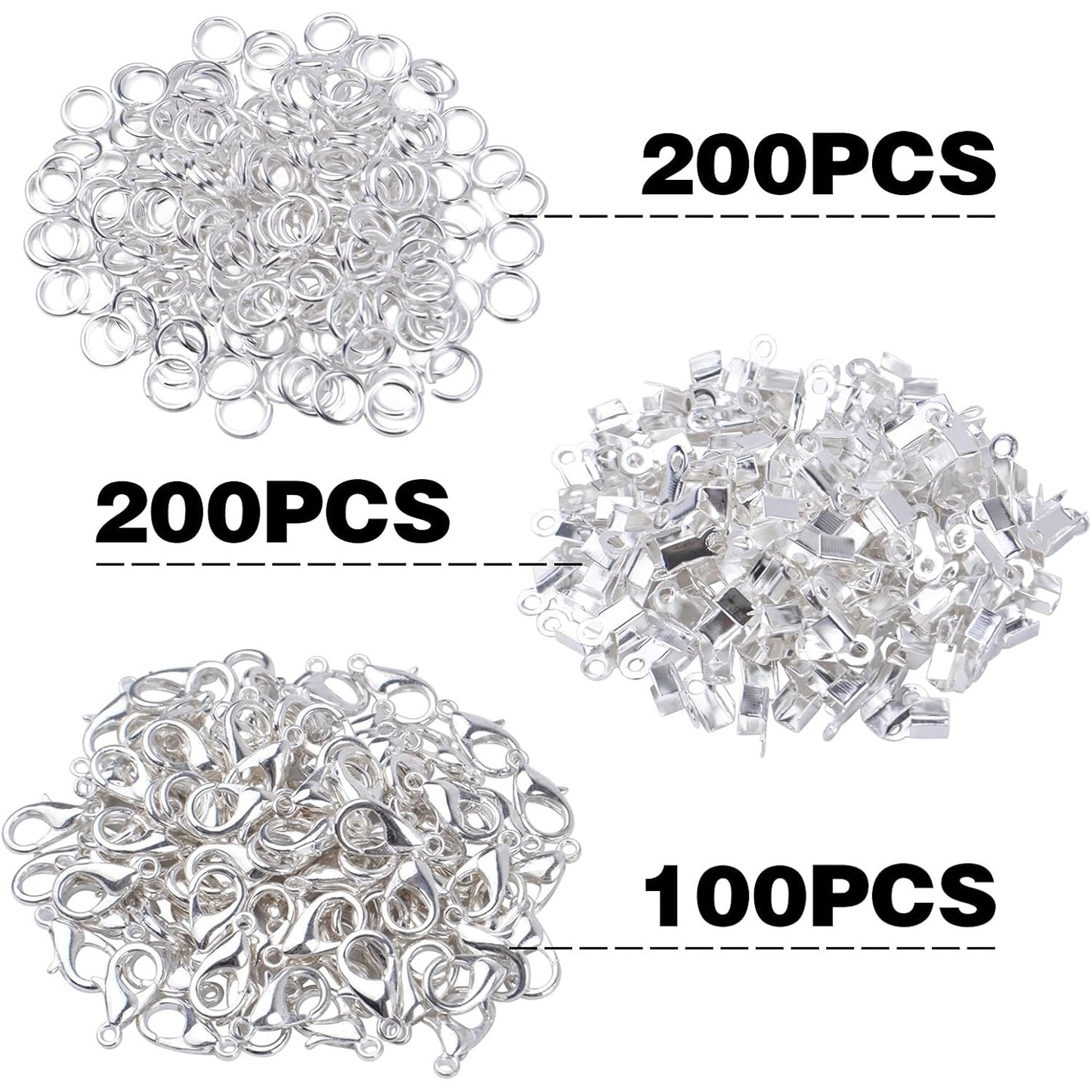 500pcs Silver Jewelry Making Accessories Kit, 200pcs Fold Over Cord End Caps Crimp End Tips, 200pcs Open Jump Rings and 100pcs Lobster Claw Clasps for Leather Ribbon Jewelry Making Findings