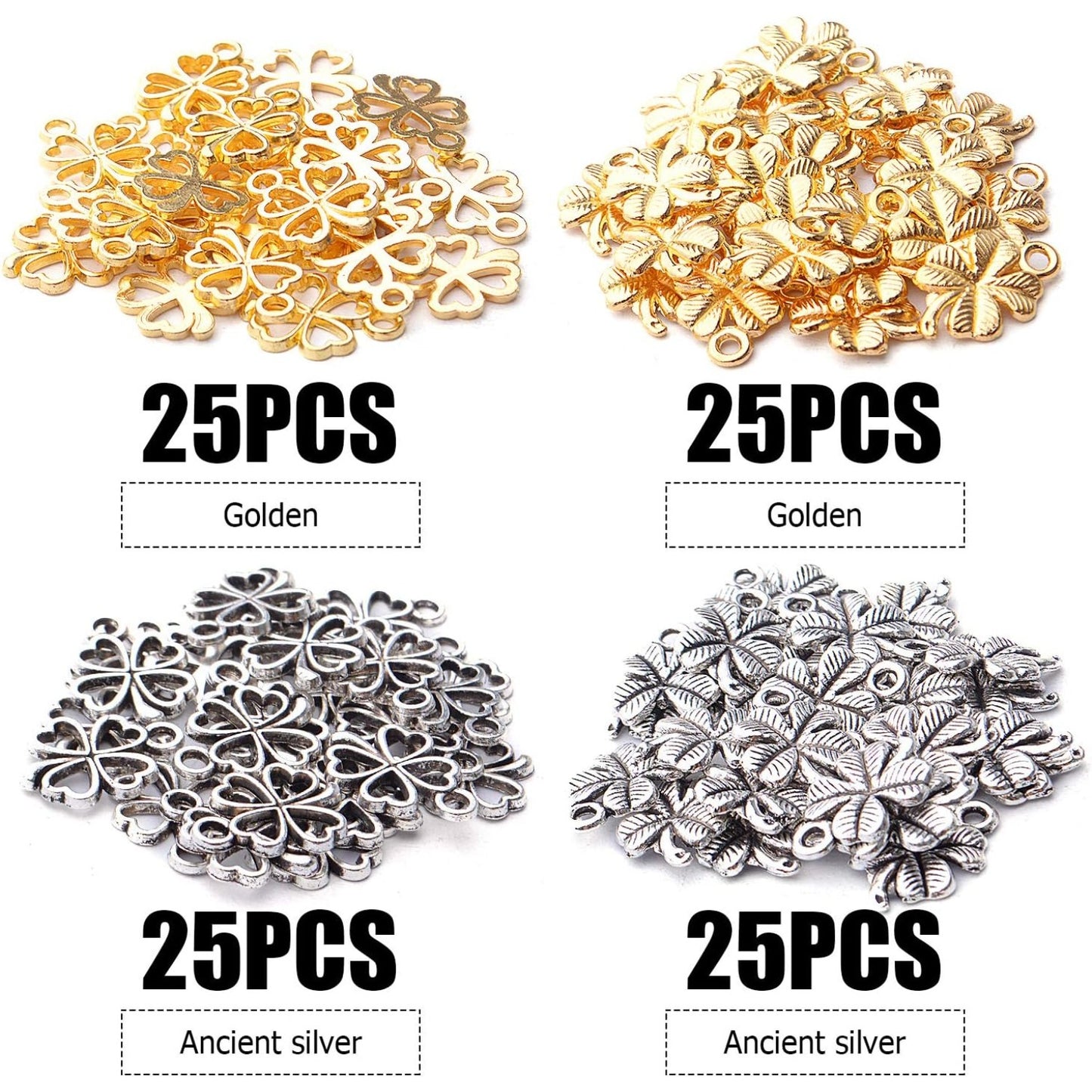 100pcs 2 Styles Alloy Four Leaf Clover Charms Lucky Charms Pendents for DIY Bracelet Necklace Jewelry Making Findings, Gold and Antique Silver