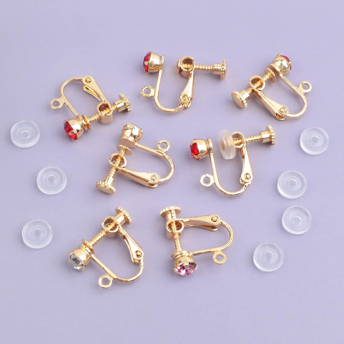 24pcs Brass Clip-on Earring Converters with Rhinestone Screw Back Earring Clips Components with Loop and 24pcs Comfort Earring Pads for Non Pierced Ears Jewelry Making, 3 Colors
