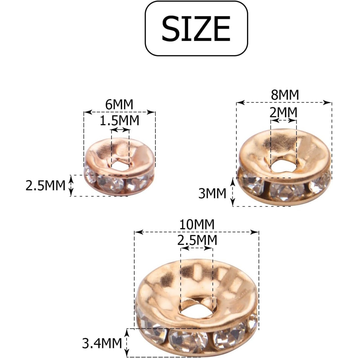 400pcs 3 Sizes Crystal Spacer Beads Round Rondelle Rhinestone Beads for Bracelets Necklaces Jewelry Making,6mm/8mm/10mm(Copper)