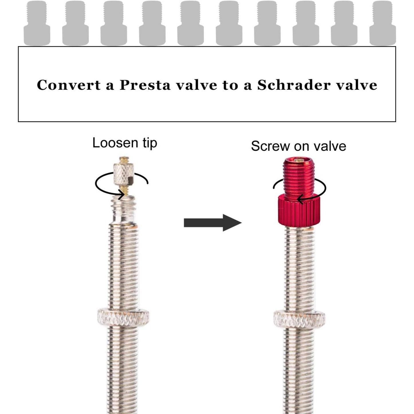 20pcs Bike Valve Adapters,10 Colors Metal Presta Valve Adapter Bicycle Bike Tube Pump Air Compressor Tools-French/UK to US