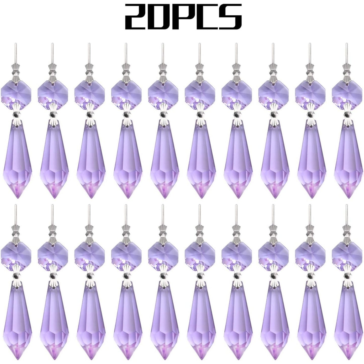 20 Pieces Chandelier Icicle Crystal U-Drop Prisms Lamp Parts Glass Pendants Beads for Wedding, Party or Holiday Decoration, 37mm, Purple